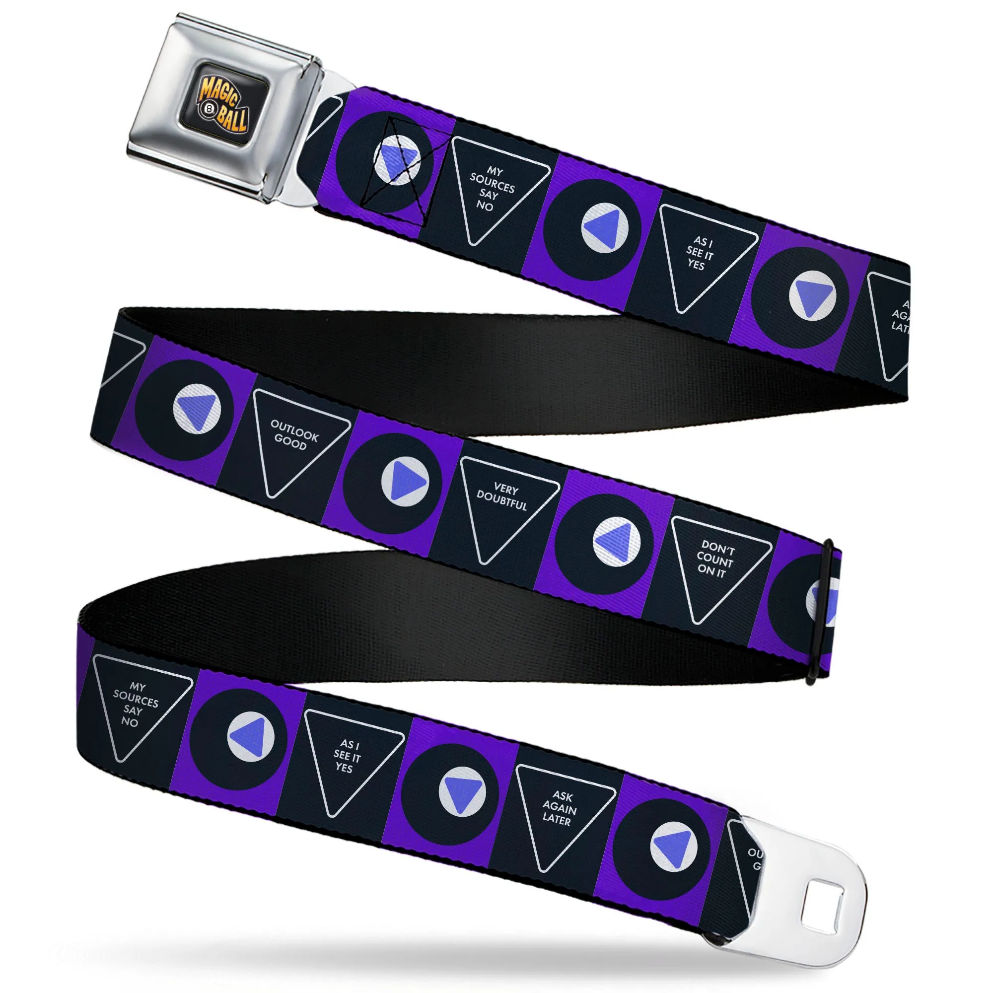 MAGIC 8 BALL Logo Full Color Black/Orange/White Seatbelt Belt - Magic 8 Ball Answers and Ball Blocks Black/Blue Webbing
