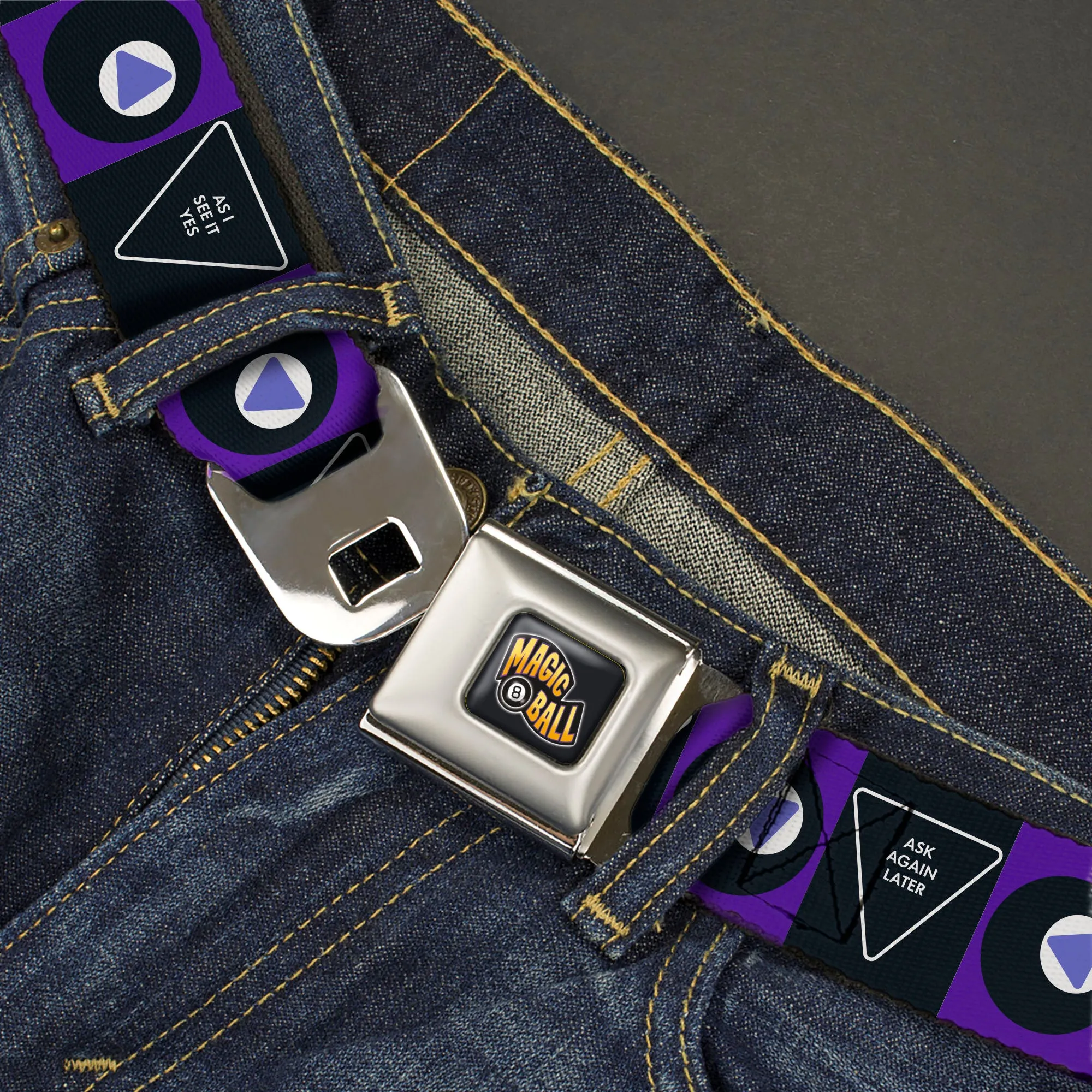 MAGIC 8 BALL Logo Full Color Black/Orange/White Seatbelt Belt - Magic 8 Ball Answers and Ball Blocks Black/Blue Webbing