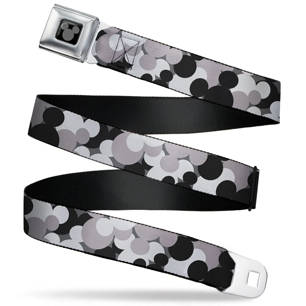 Mickey Mouse Head Silhouette Black Silver Seatbelt Belt - Mickey Mouse Head Stacked Black/Grays Webbing