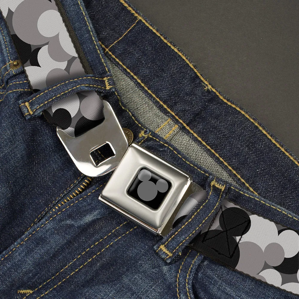 Mickey Mouse Head Silhouette Black Silver Seatbelt Belt - Mickey Mouse Head Stacked Black/Grays Webbing