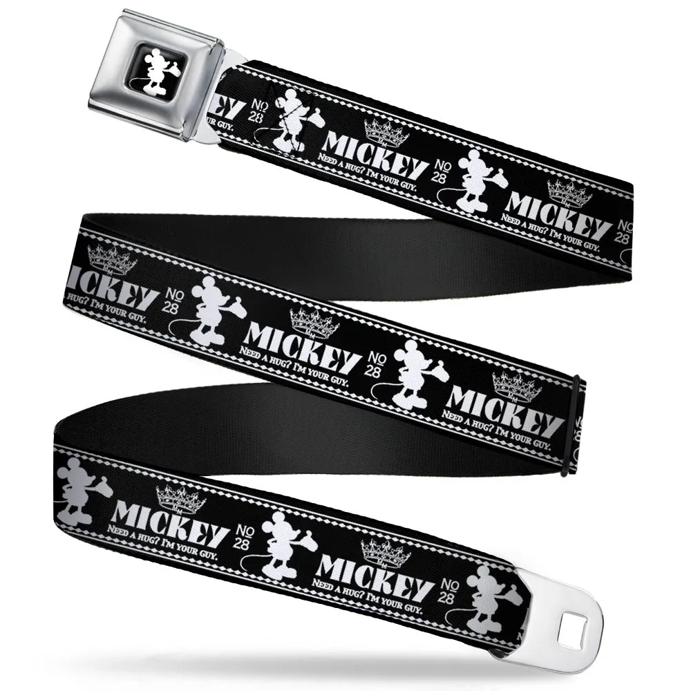 Mickey Standing2 Silhouette Full Color Black White Seatbelt Belt - Mickey Standing2 Silhouette/NEED A HUG? I'M YOUR GUY Black/White Webbing