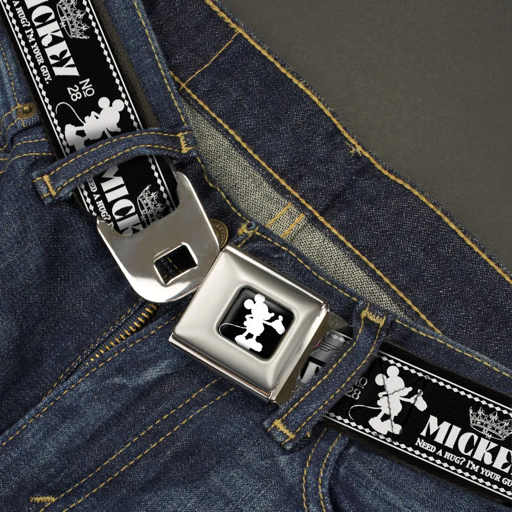 Mickey Standing2 Silhouette Full Color Black White Seatbelt Belt - Mickey Standing2 Silhouette/NEED A HUG? I'M YOUR GUY Black/White Webbing