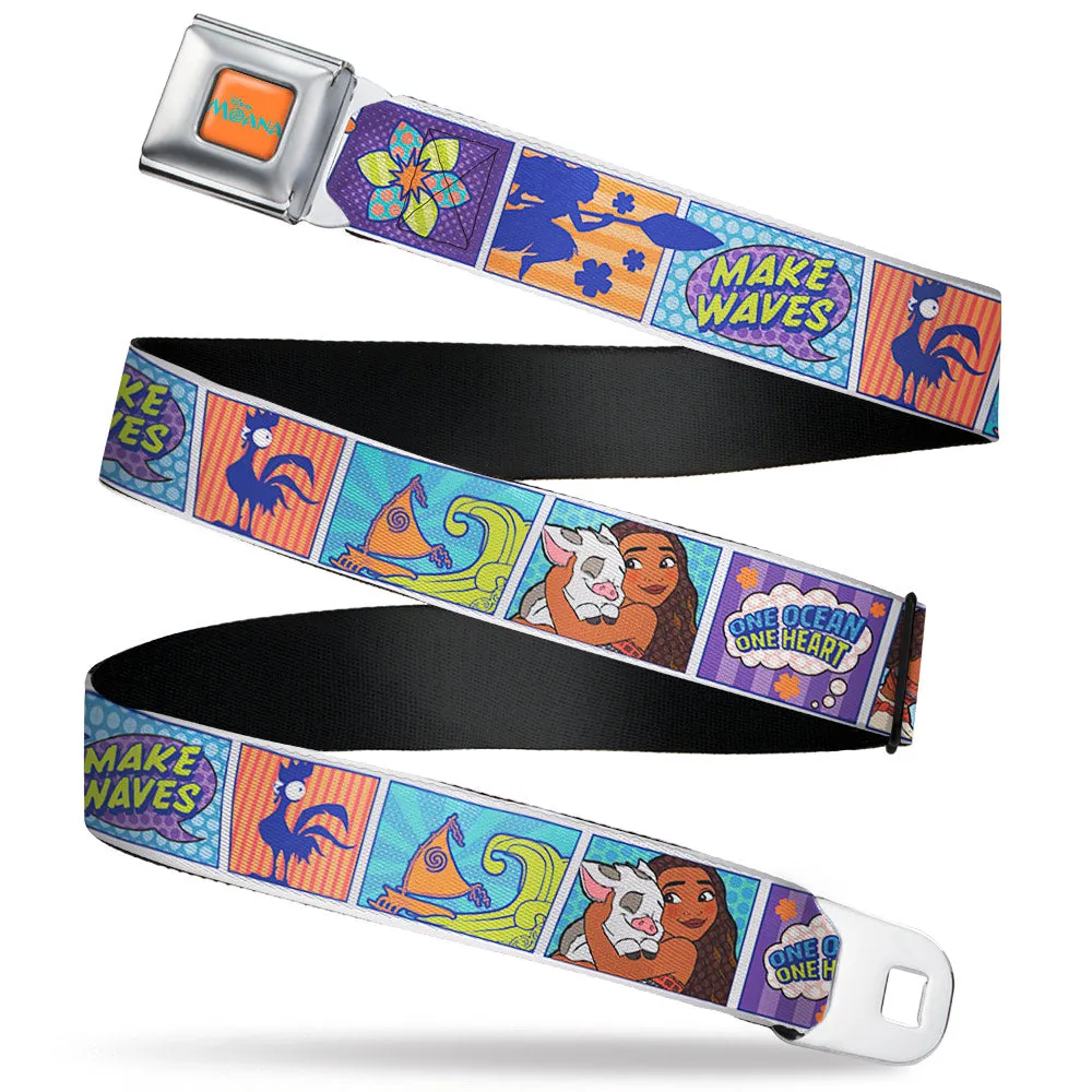 MOANA Title Logo Full Color Orange/Blue Seatbelt Belt - Moana MAKE WAVES Scene Blocks Blues/Orange Webbing