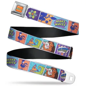 MOANA Title Logo Full Color Orange/Blue Seatbelt Belt - Moana MAKE WAVES Scene Blocks Blues/Orange Webbing
