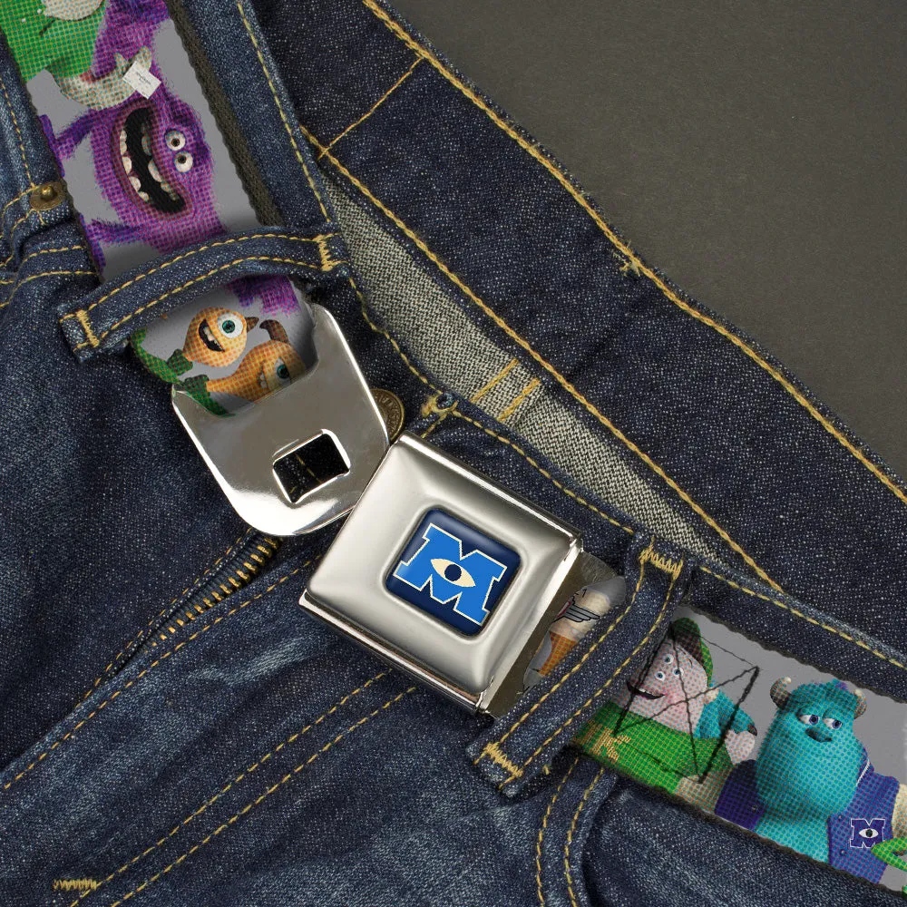 Monsters University Logo Full Color Blue White Seatbelt Belt - Monsters University Character Lineup Gray Webbing
