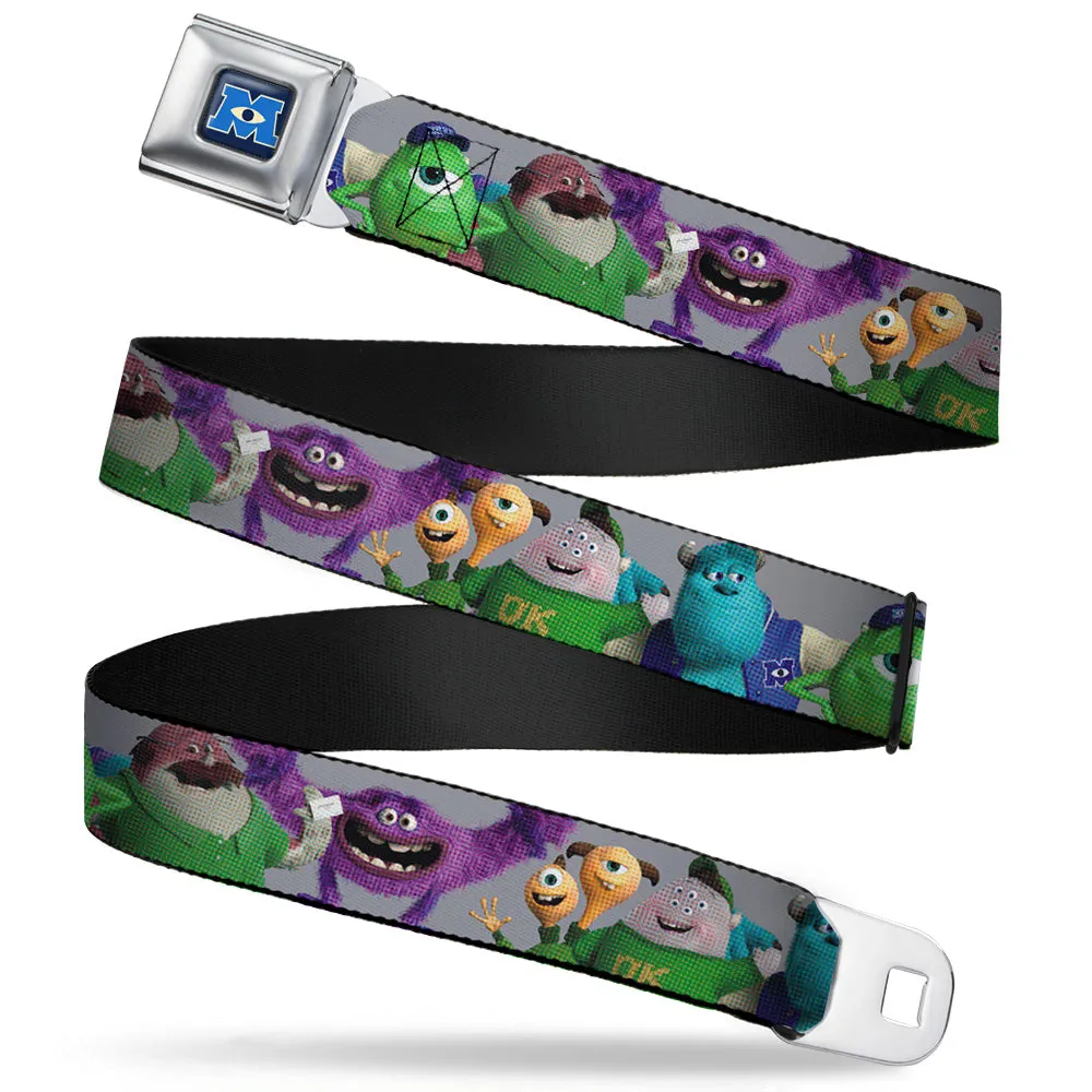 Monsters University Logo Full Color Blue White Seatbelt Belt - Monsters University Character Lineup Gray Webbing