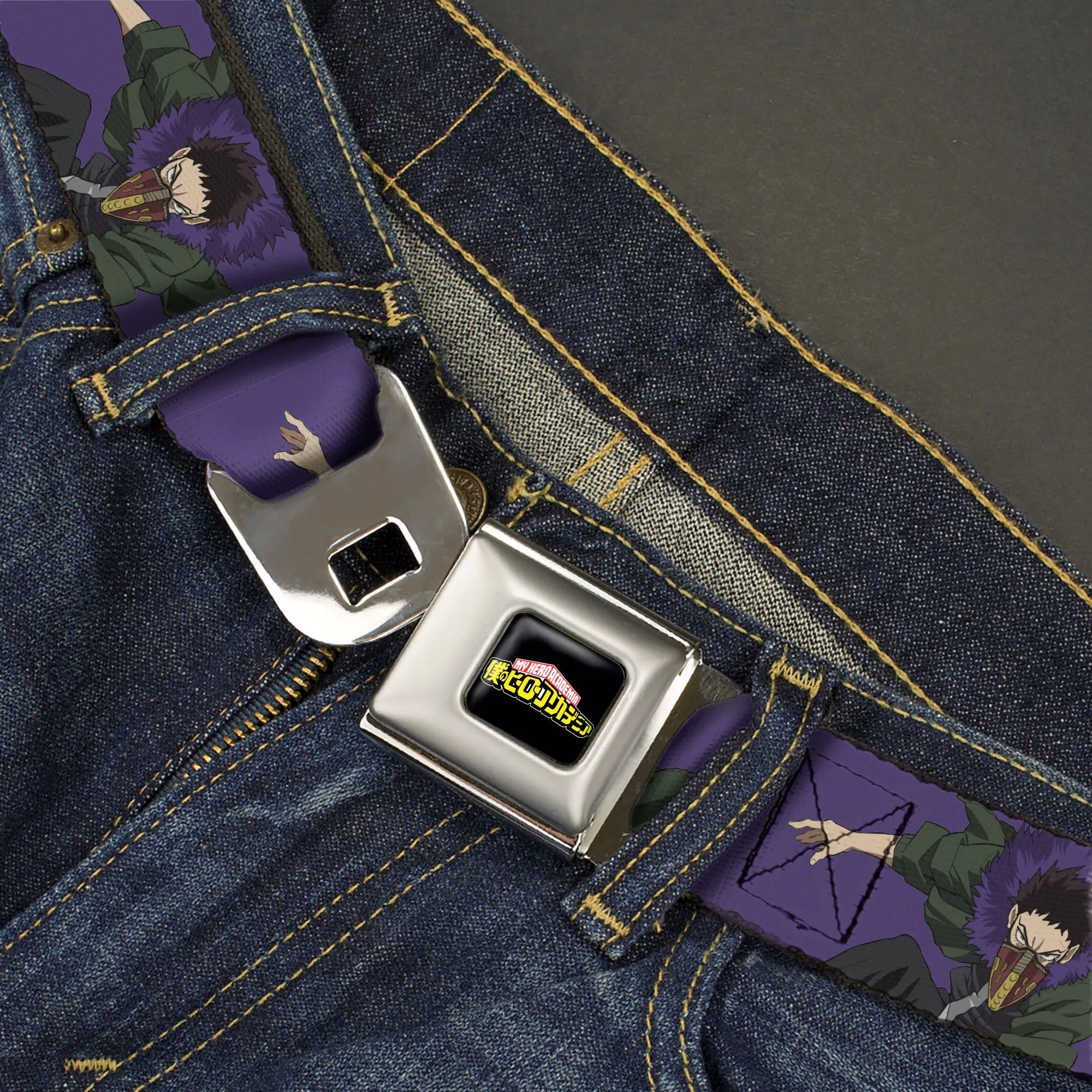 MY HERO ACADEMIA Title Logo Full Color Black Seatbelt Belt - My Hero Academia Kai Chisaki Action Pose Purple Webbing