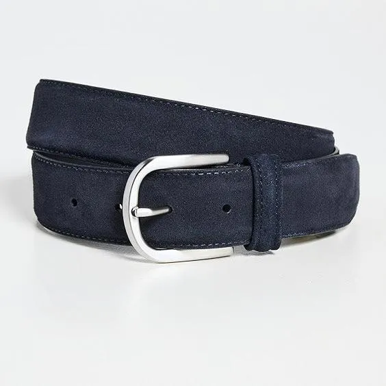 Navy Suede Belt with Rounded Buckle - Anderson's