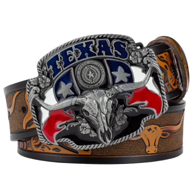 Ox Head Buckle Genuine Leather Embossing Belt Luxury for Men WomensFashion Animal Pattern
