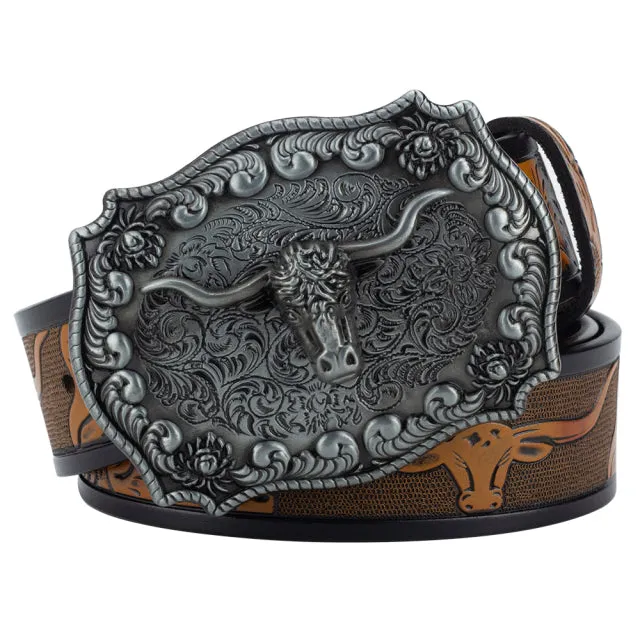 Ox Head Buckle Genuine Leather Embossing Belt Luxury for Men WomensFashion Animal Pattern