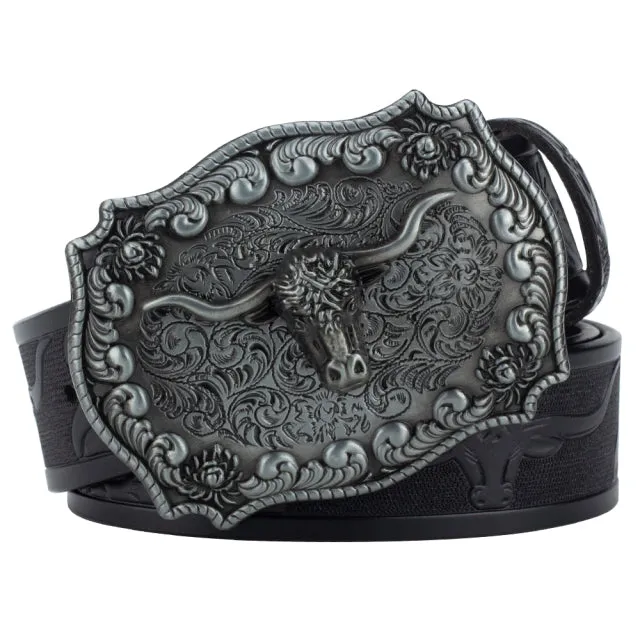 Ox Head Buckle Genuine Leather Embossing Belt Luxury for Men WomensFashion Animal Pattern