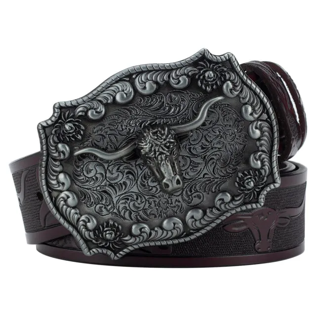 Ox Head Buckle Genuine Leather Embossing Belt Luxury for Men WomensFashion Animal Pattern