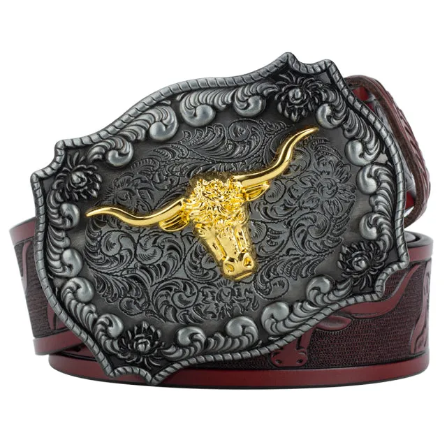 Ox Head Buckle Genuine Leather Embossing Belt Luxury for Men WomensFashion Animal Pattern