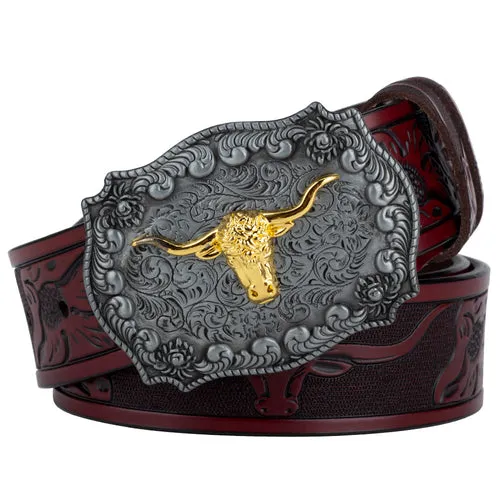 Ox Head Buckle Genuine Leather Embossing Belt Luxury for Men WomensFashion Animal Pattern