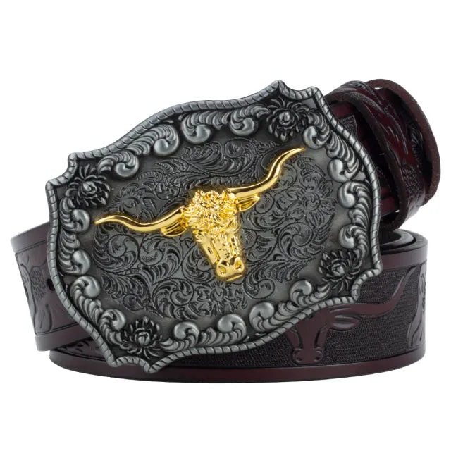 Ox Head Buckle Genuine Leather Embossing Belt Luxury for Men WomensFashion Animal Pattern