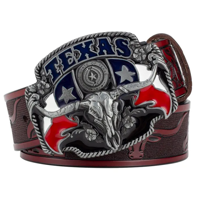 Ox Head Buckle Genuine Leather Embossing Belt Luxury for Men WomensFashion Animal Pattern