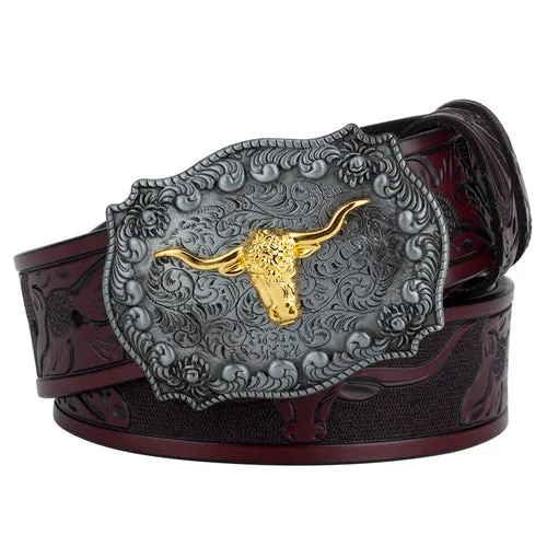 Ox Head Buckle Genuine Leather Embossing Belt Luxury for Men WomensFashion Animal Pattern