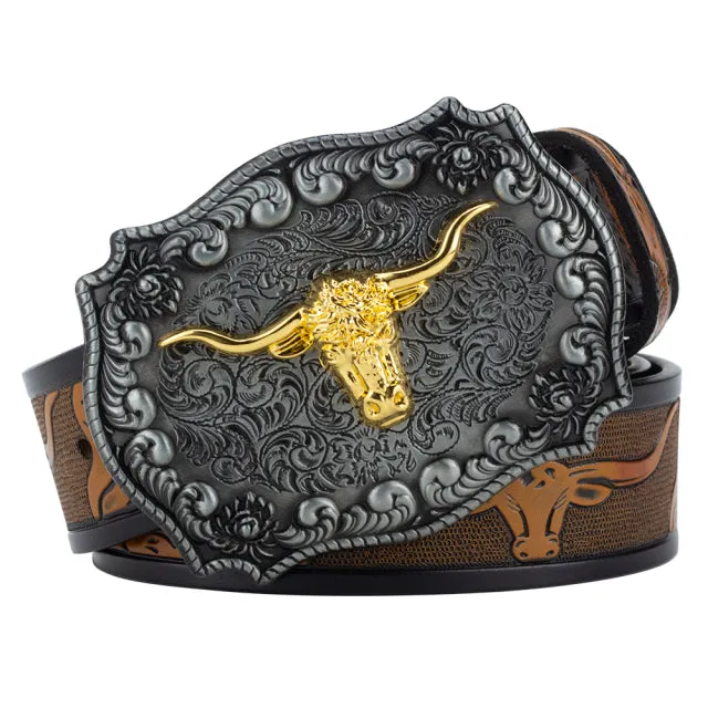 Ox Head Buckle Genuine Leather Embossing Belt Luxury for Men WomensFashion Animal Pattern