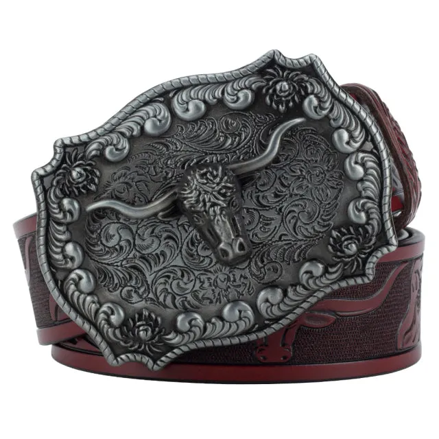 Ox Head Buckle Genuine Leather Embossing Belt Luxury for Men WomensFashion Animal Pattern