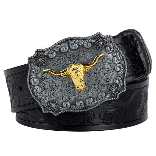 Ox Head Buckle Genuine Leather Embossing Belt Luxury for Men WomensFashion Animal Pattern