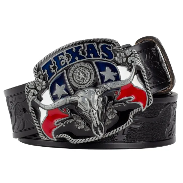 Ox Head Buckle Genuine Leather Embossing Belt Luxury for Men WomensFashion Animal Pattern