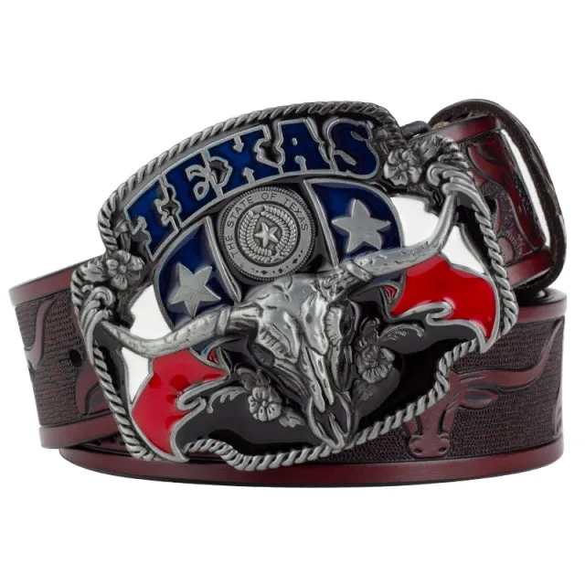 Ox Head Buckle Genuine Leather Embossing Belt Luxury for Men WomensFashion Animal Pattern