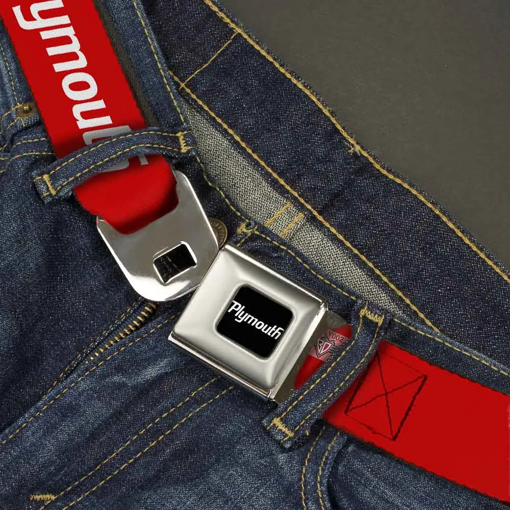 PLYMOUTH Text Logo Full Color Black White Seatbelt Belt - PLYMOUTH Text Logo Red/White Webbing