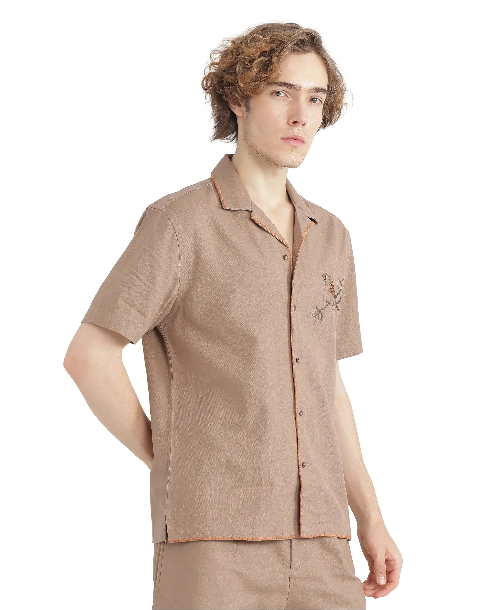 Rare Rabbit Men Couvin Light Brown Cotton Fabric Plain Shirt