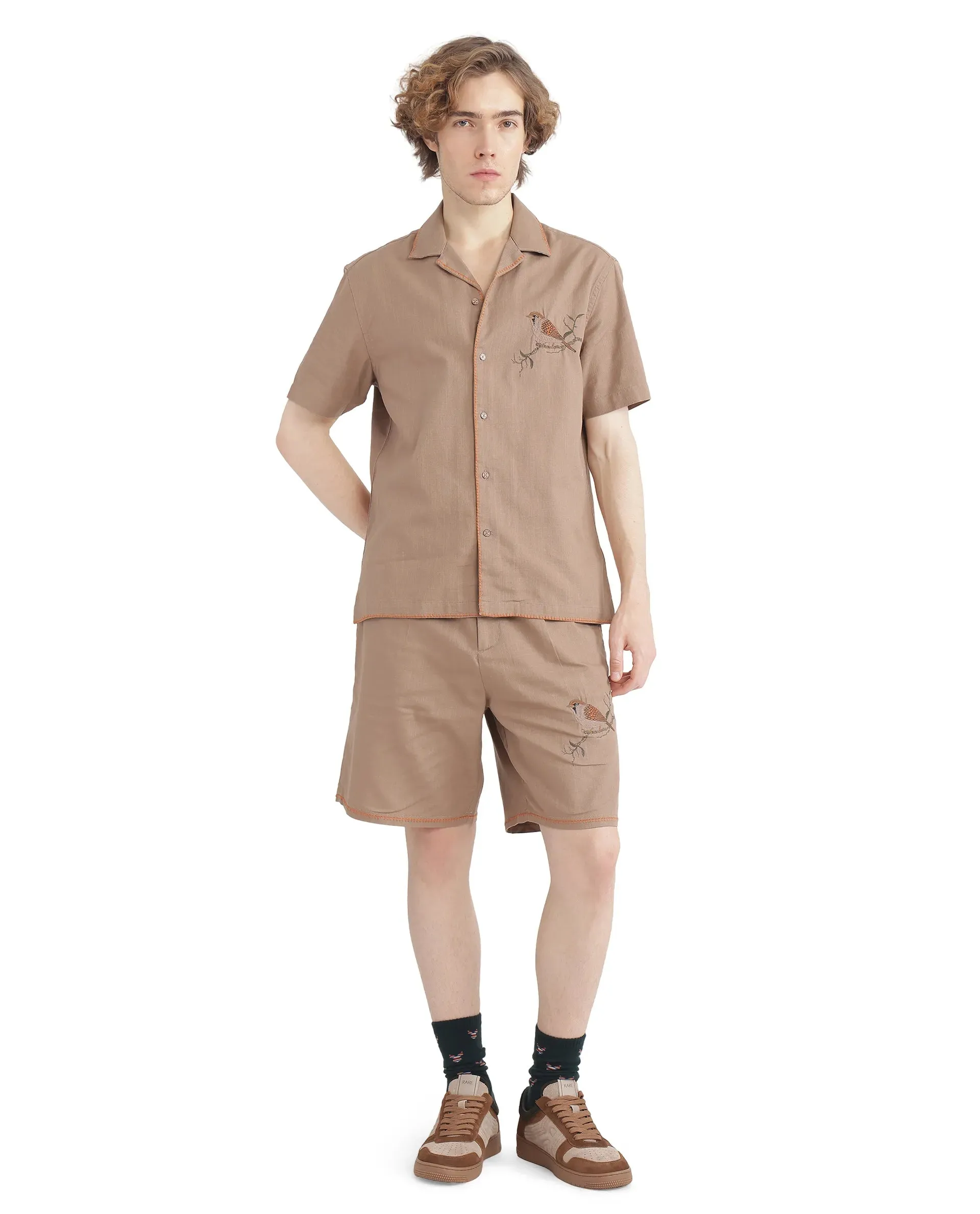 Rare Rabbit Men Couvin Light Brown Cotton Fabric Plain Shirt