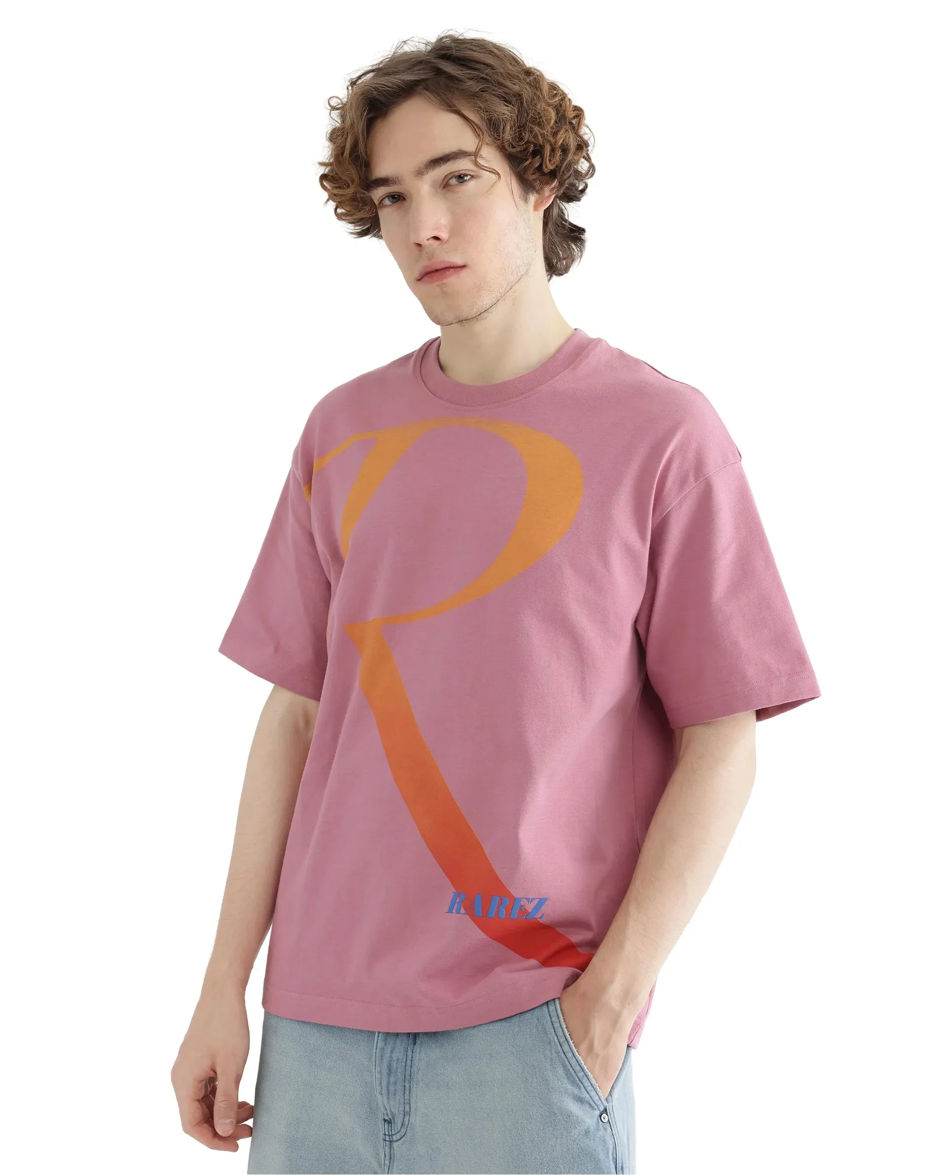 Rare Rabbit Men Elzo Pink Cotton Fabric Short Sleeve Crew Neck Oversized Fit Typographic Ombre T-Shirt