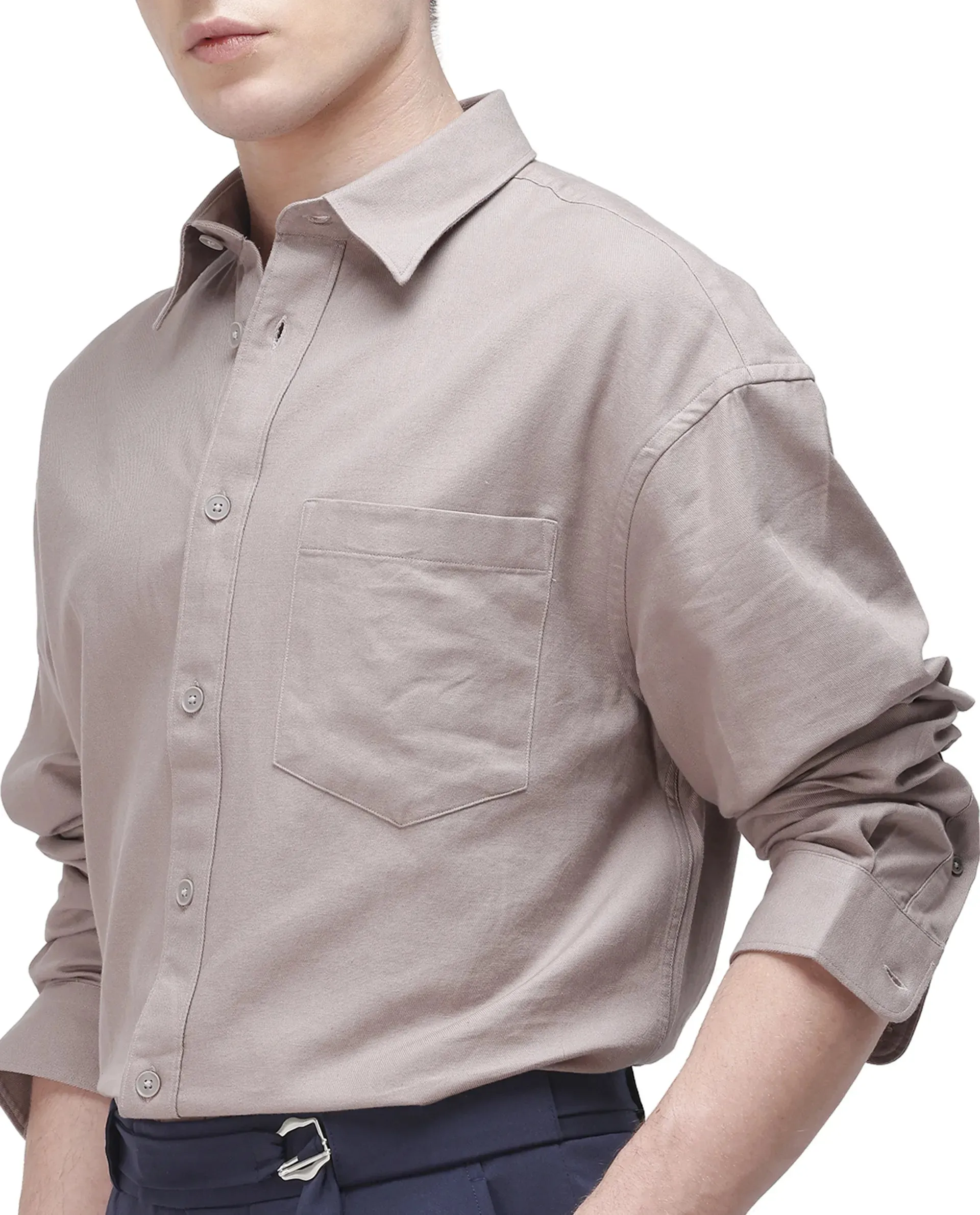 Rare Rabbit Men Let Dark Beige Cotton Fabric Full Sleeve Regular Collared Button Closure Boxy Fit Plain Shirt