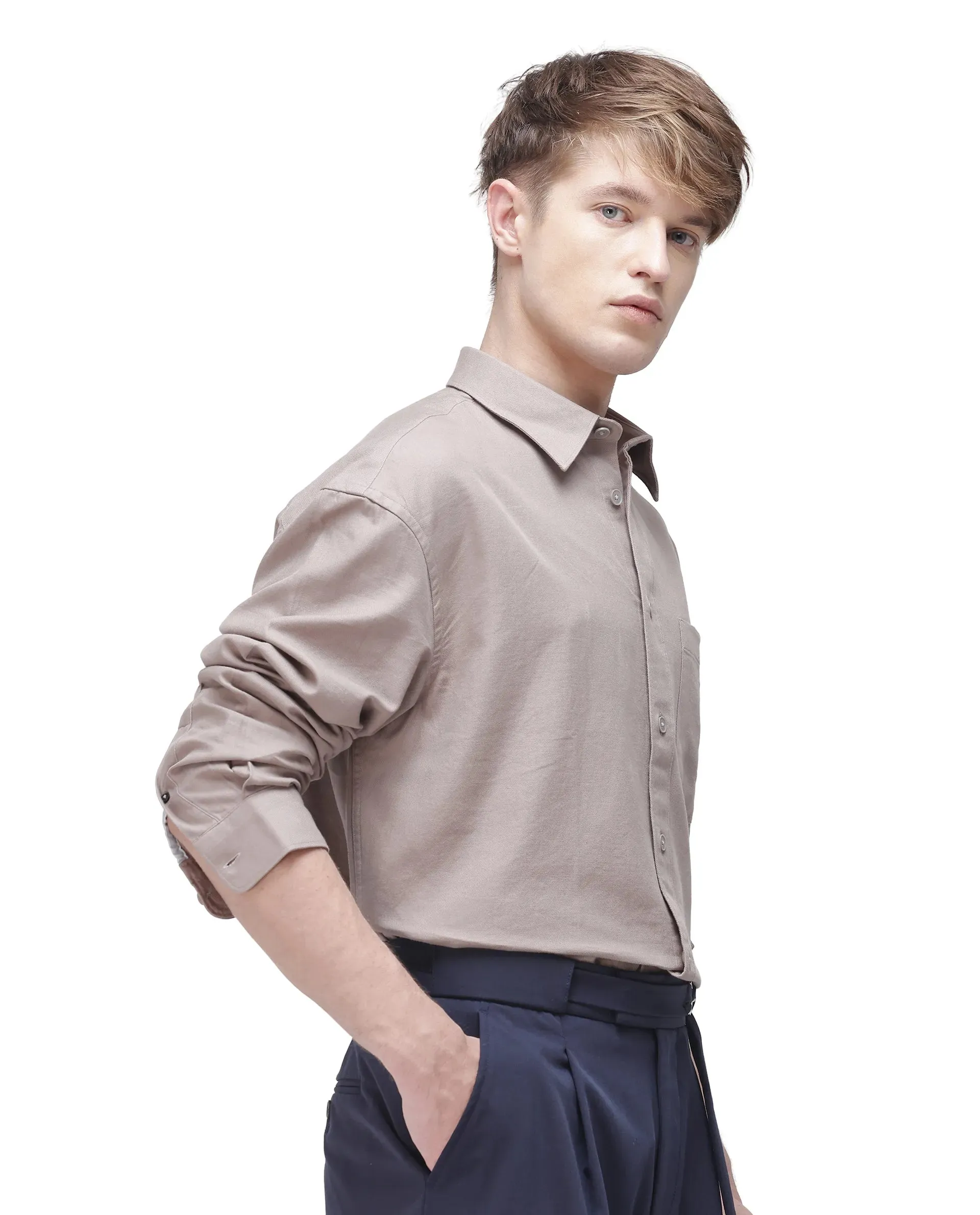 Rare Rabbit Men Let Dark Beige Cotton Fabric Full Sleeve Regular Collared Button Closure Boxy Fit Plain Shirt