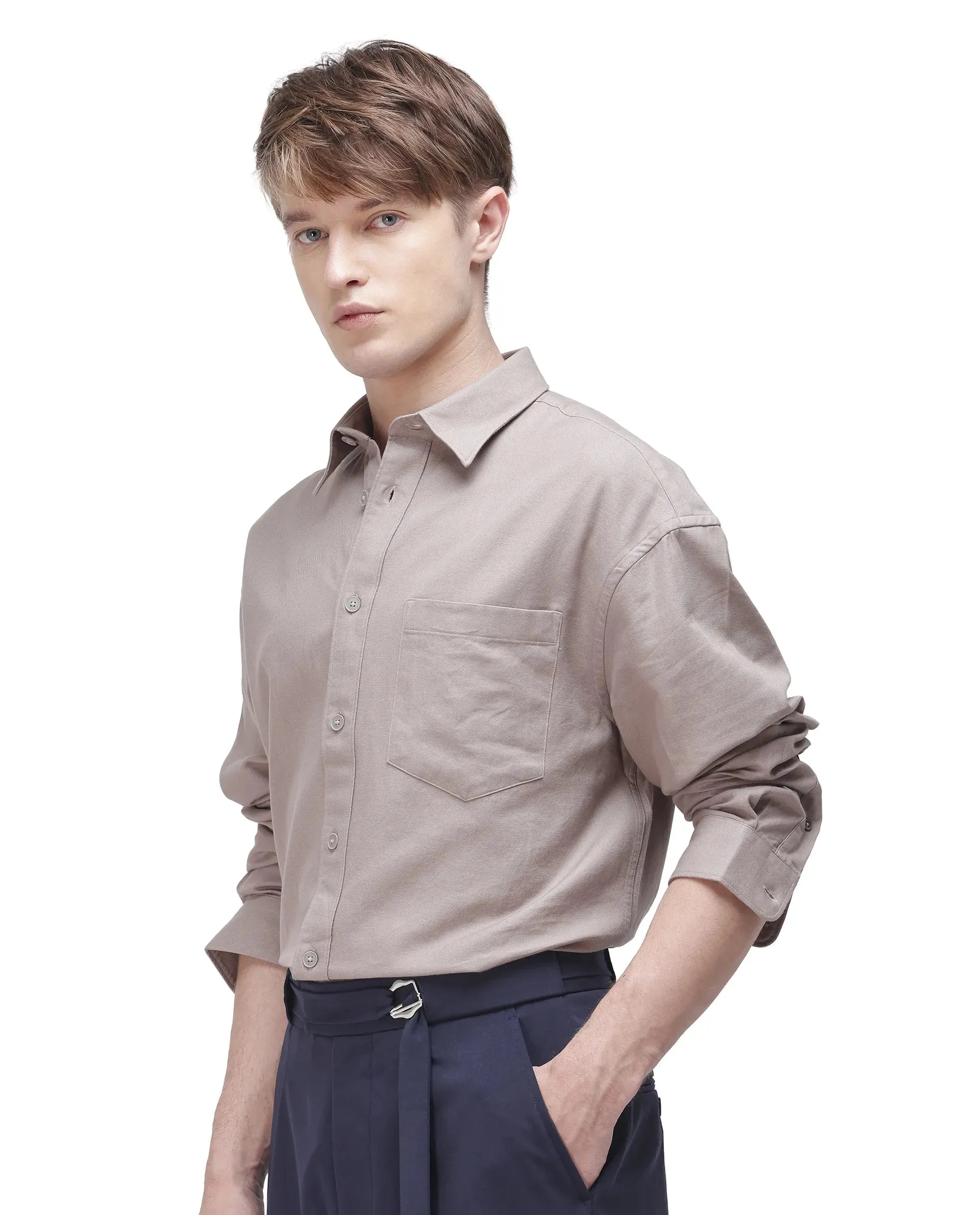 Rare Rabbit Men Let Dark Beige Cotton Fabric Full Sleeve Regular Collared Button Closure Boxy Fit Plain Shirt