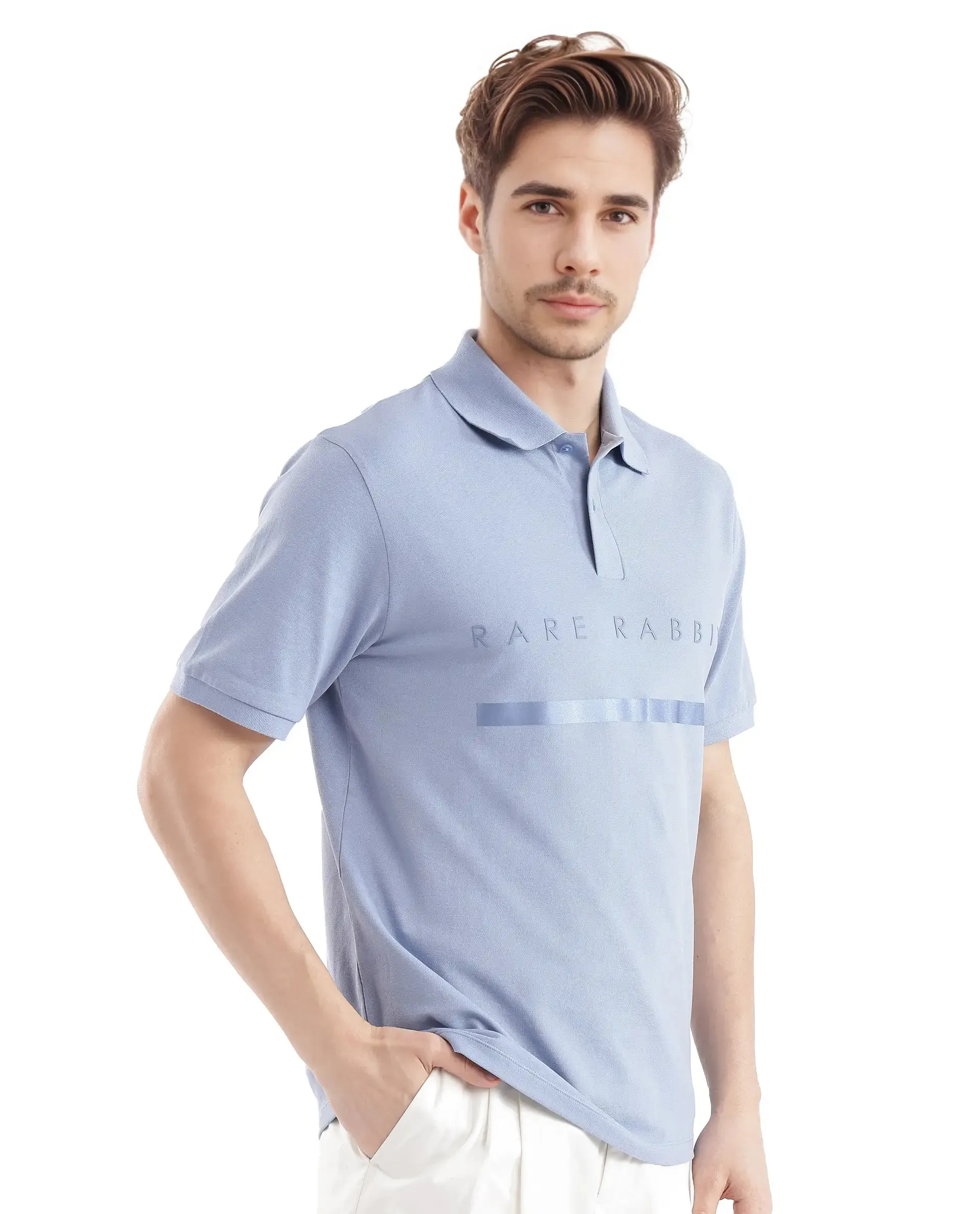 Rare Rabbit Men Nellit Pastel Blue Cotton Blend Fabric Blue Short Sleeve Regular Collar HD Print Branding Polo