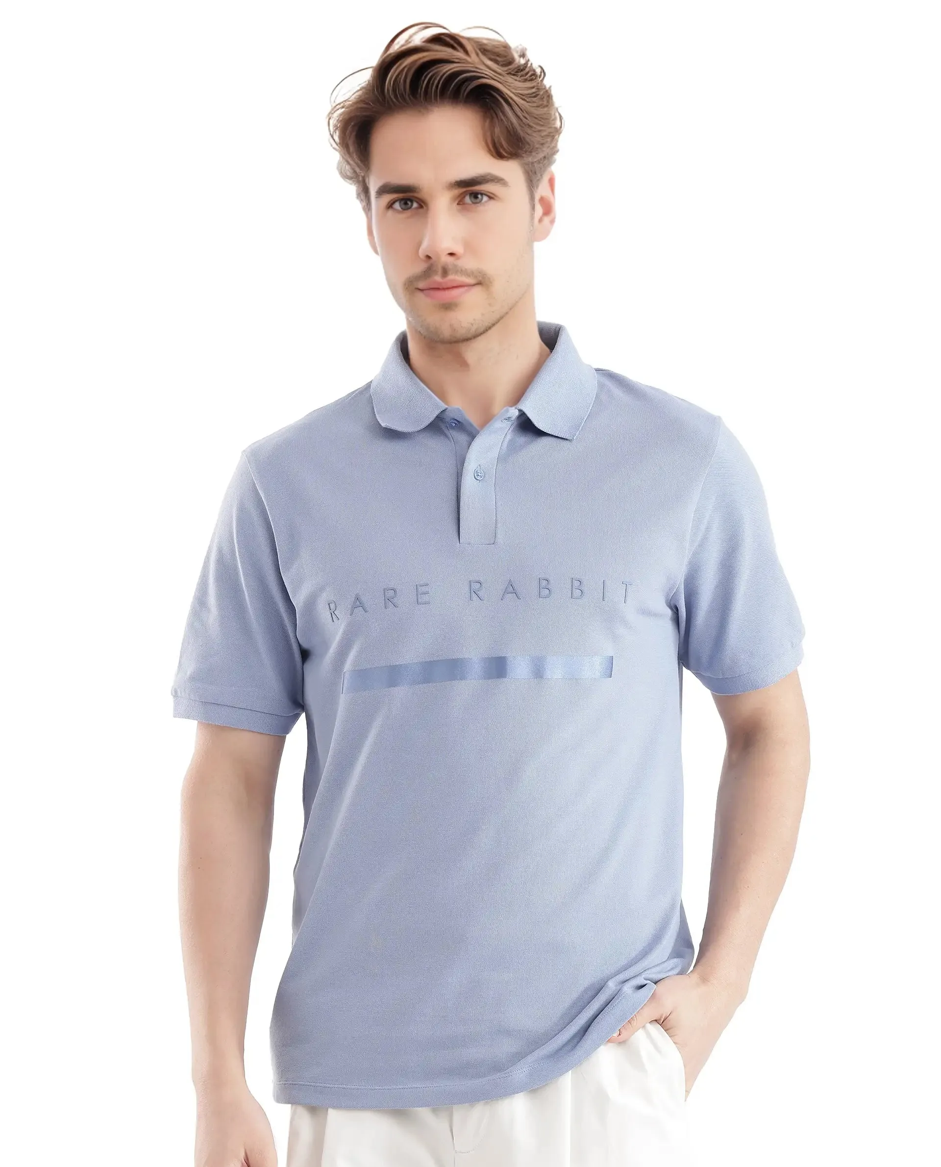 Rare Rabbit Men Nellit Pastel Blue Cotton Blend Fabric Blue Short Sleeve Regular Collar HD Print Branding Polo