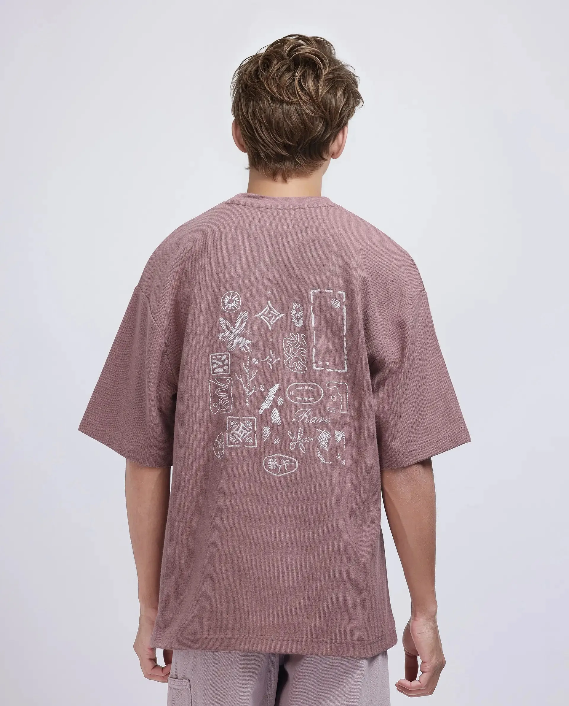 Rare Rabbit Men Oxot Dusky Pink Cotton Fabric Short Sleeve Crew Neck Embroidered T-Shirt