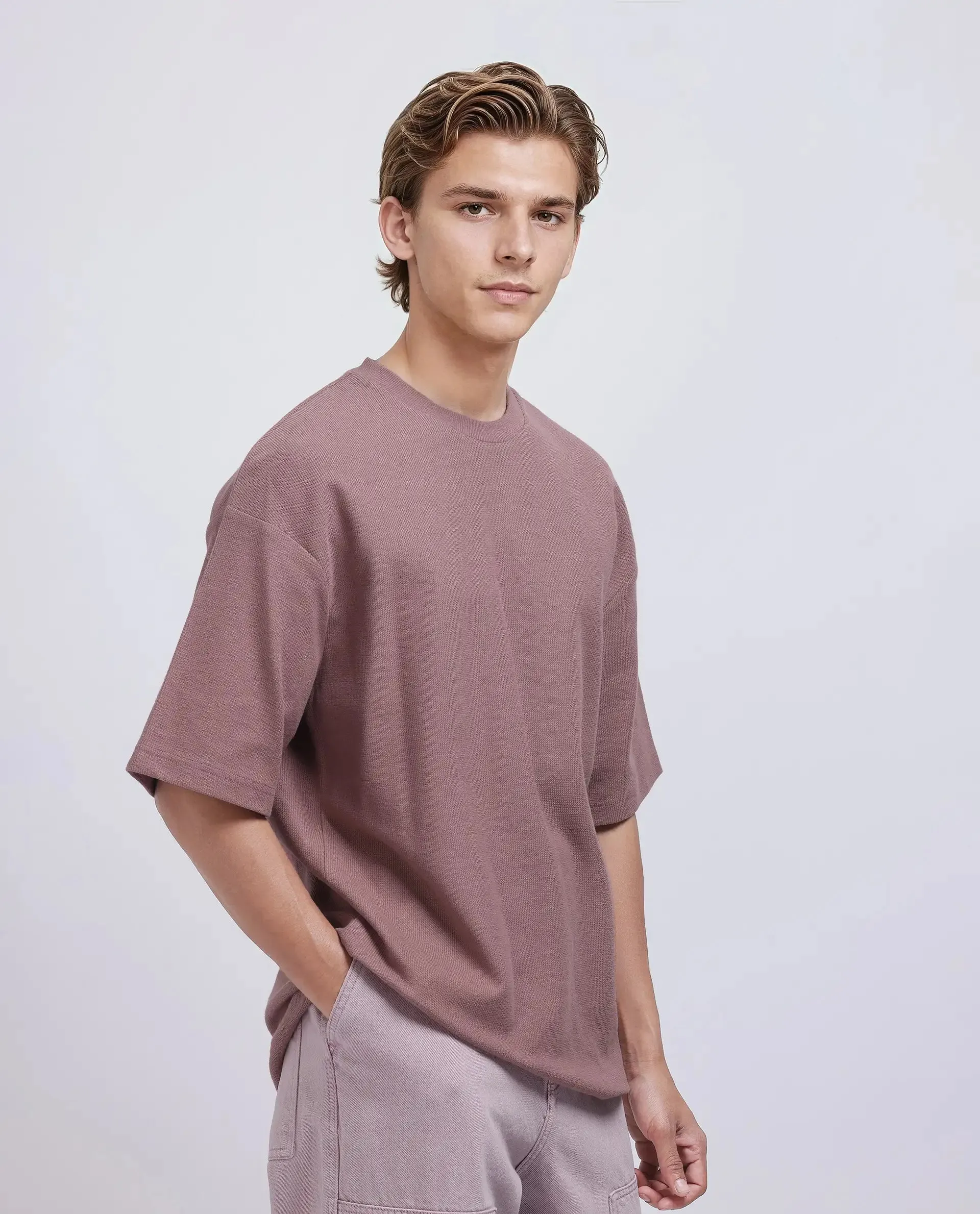 Rare Rabbit Men Oxot Dusky Pink Cotton Fabric Short Sleeve Crew Neck Embroidered T-Shirt