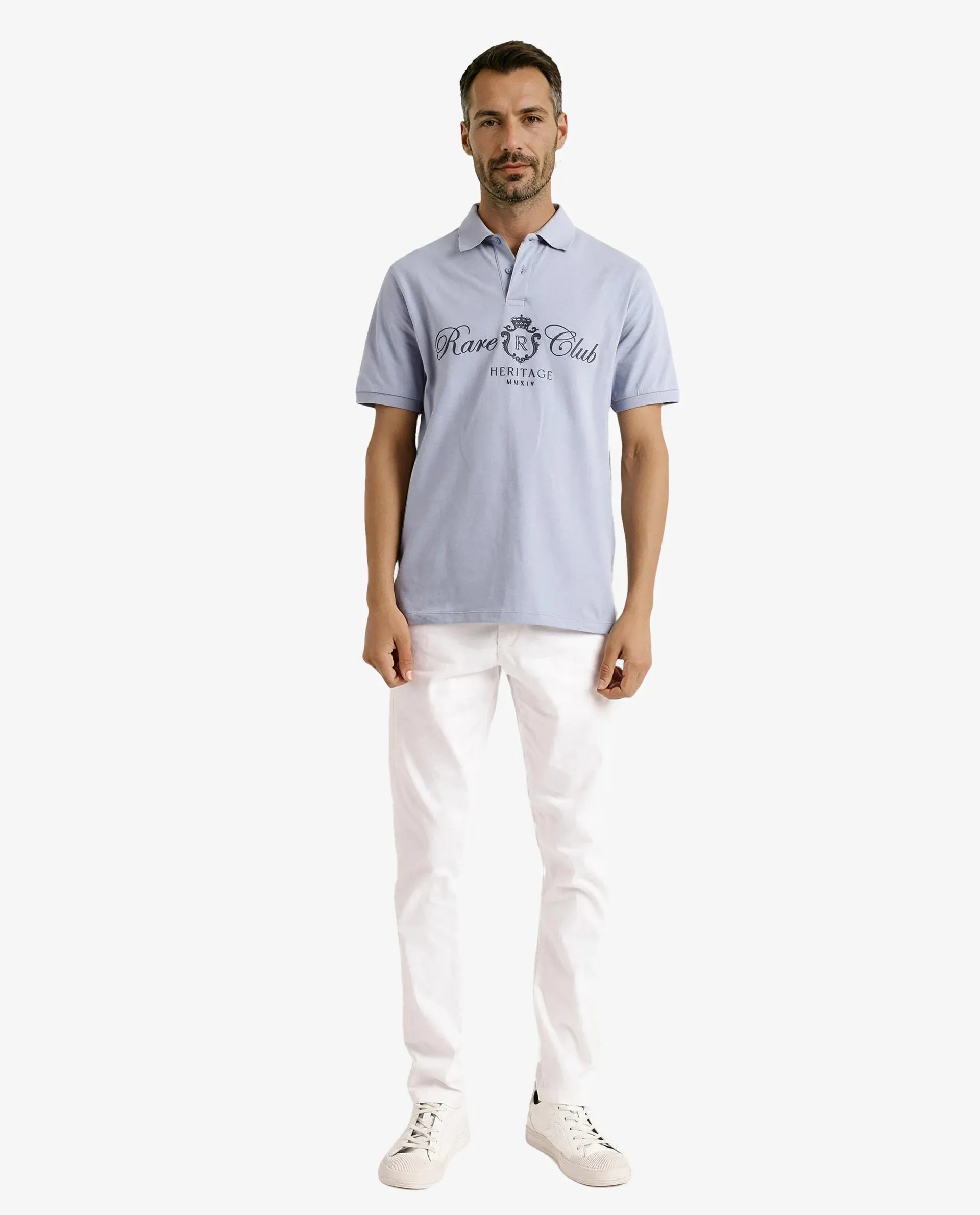 Rare Rabbit Men Rem Light Blue Cotton Fabric Short Sleeve Regular Fit HD Print Branded Polo