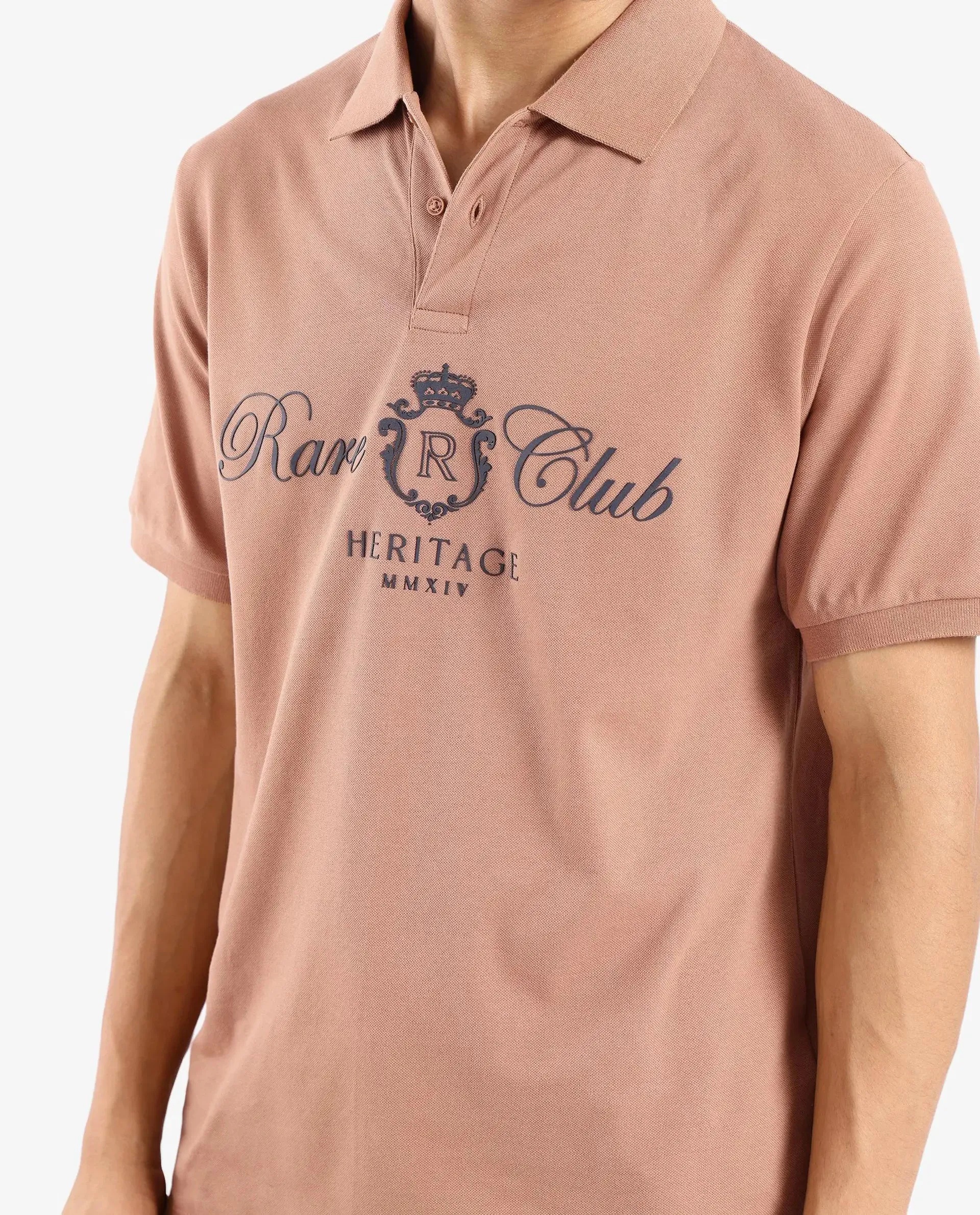 Rare Rabbit Men Rem Light Brown Cotton Fabric Short Sleeve Regular Fit HD Print Branded Polo