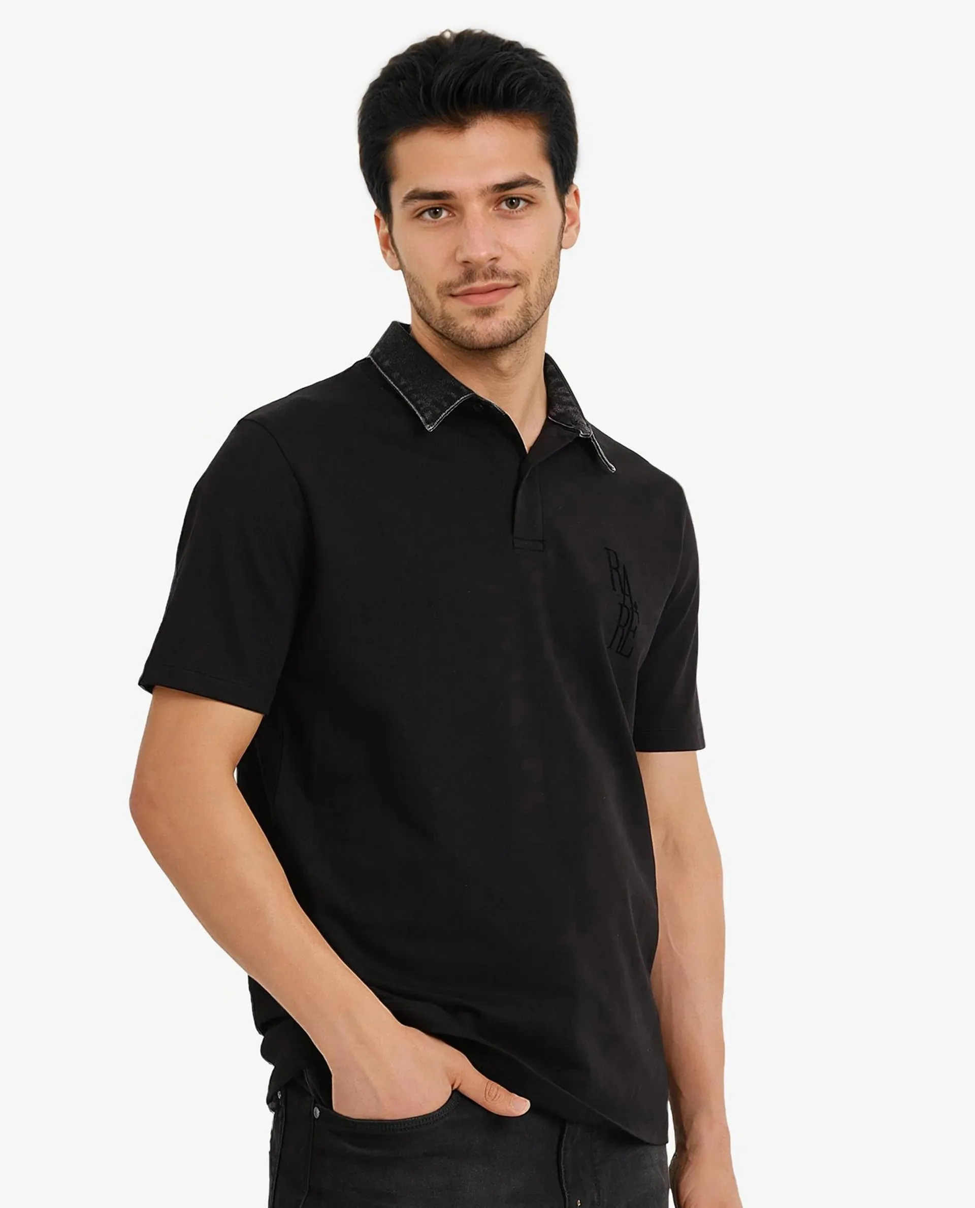 Rare Rabbit Men Tem Black Short Sleeve Denim Collar Button Closure Rare Branded Plain Polo