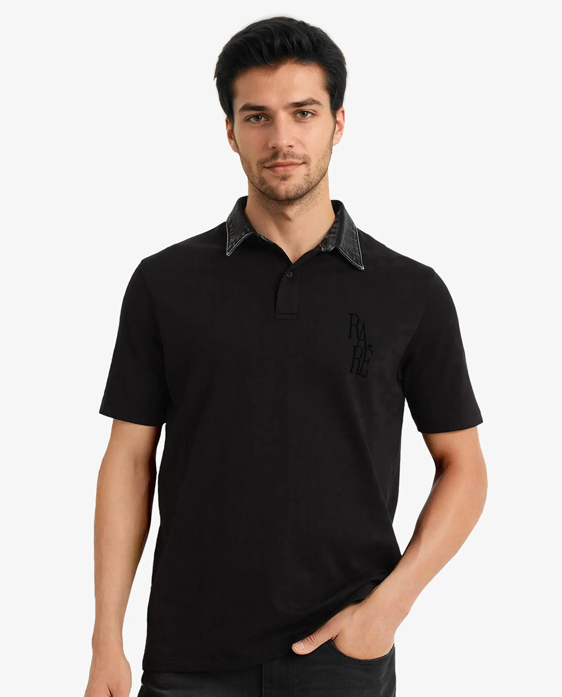 Rare Rabbit Men Tem Black Short Sleeve Denim Collar Button Closure Rare Branded Plain Polo
