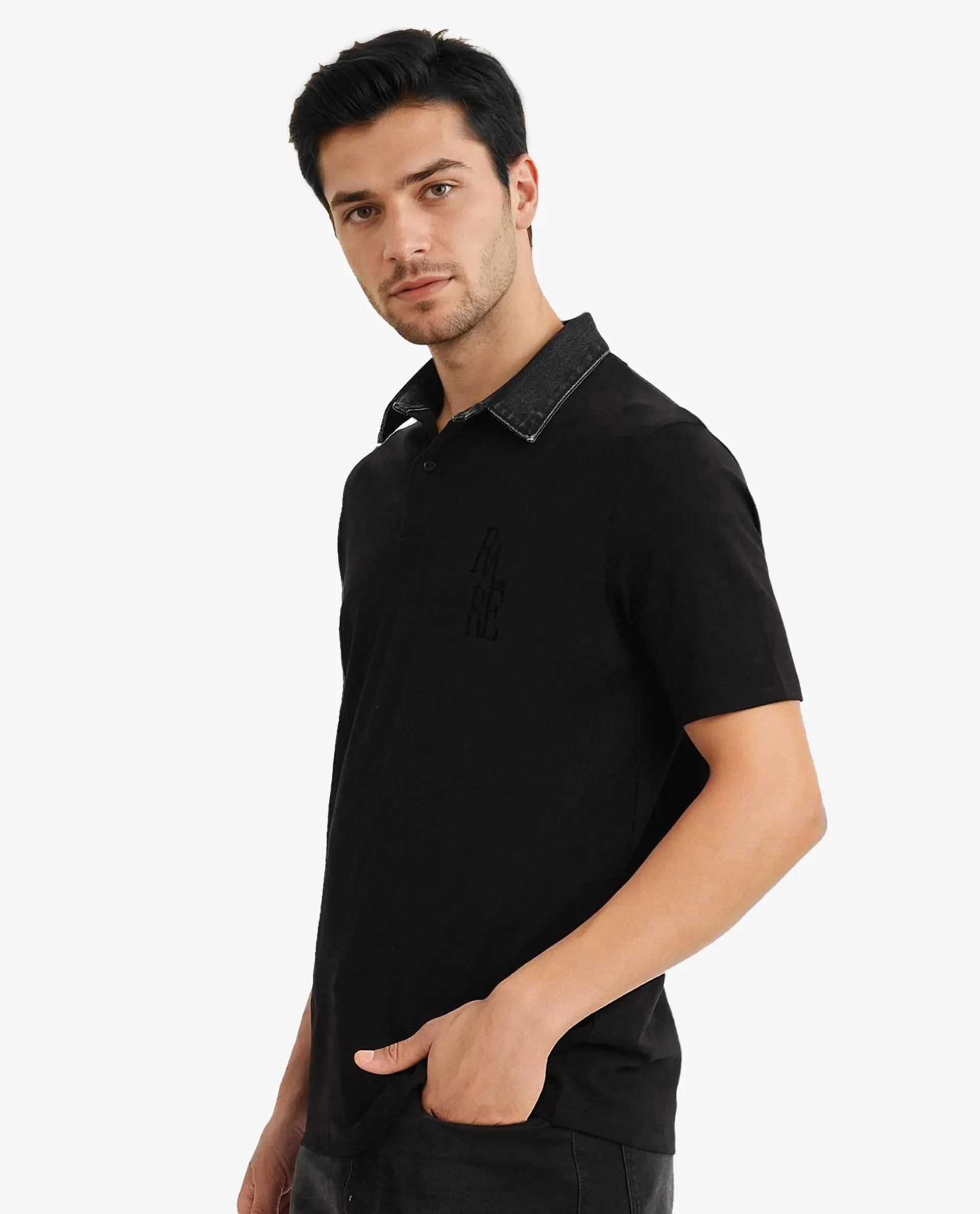 Rare Rabbit Men Tem Black Short Sleeve Denim Collar Button Closure Rare Branded Plain Polo