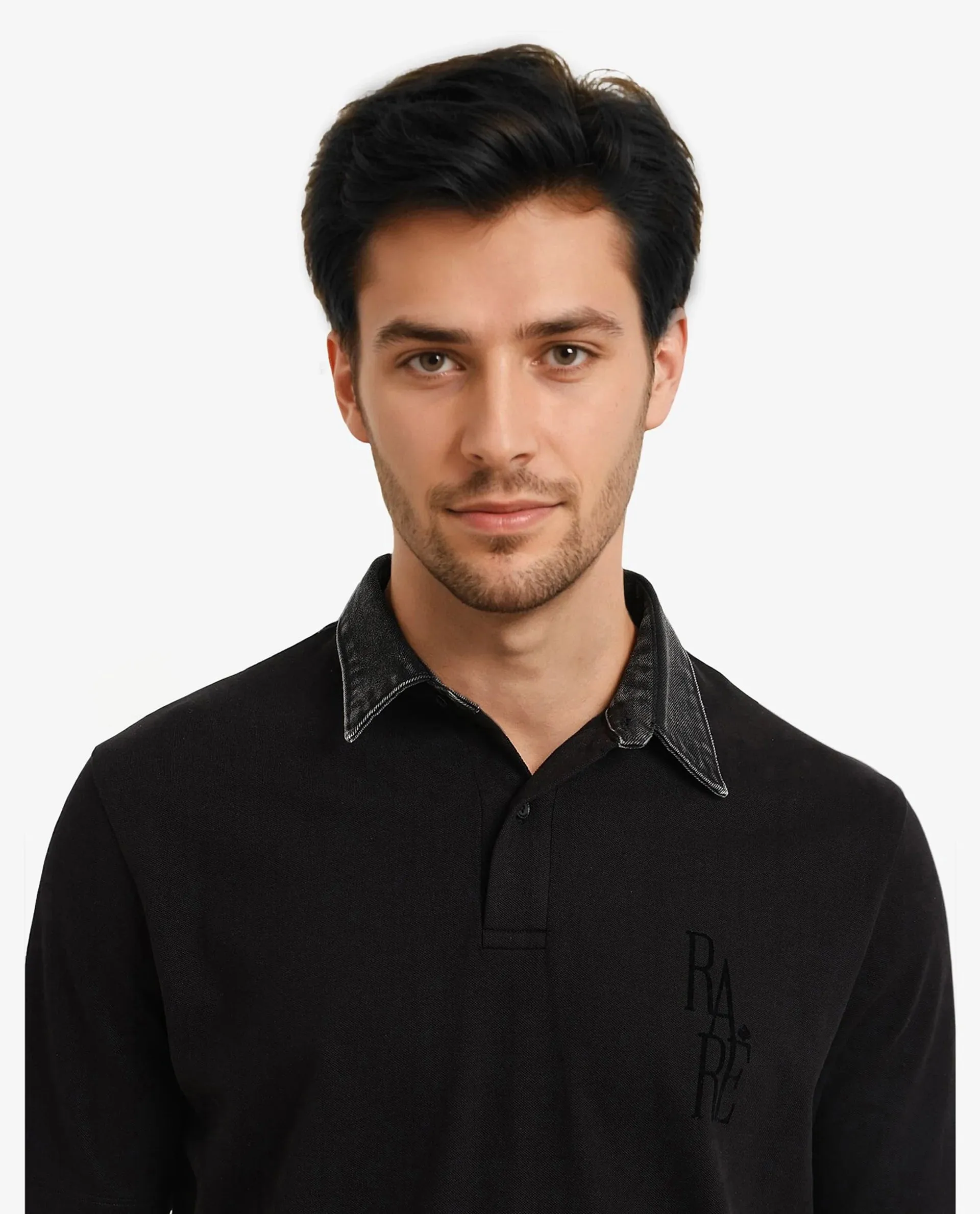 Rare Rabbit Men Tem Black Short Sleeve Denim Collar Button Closure Rare Branded Plain Polo