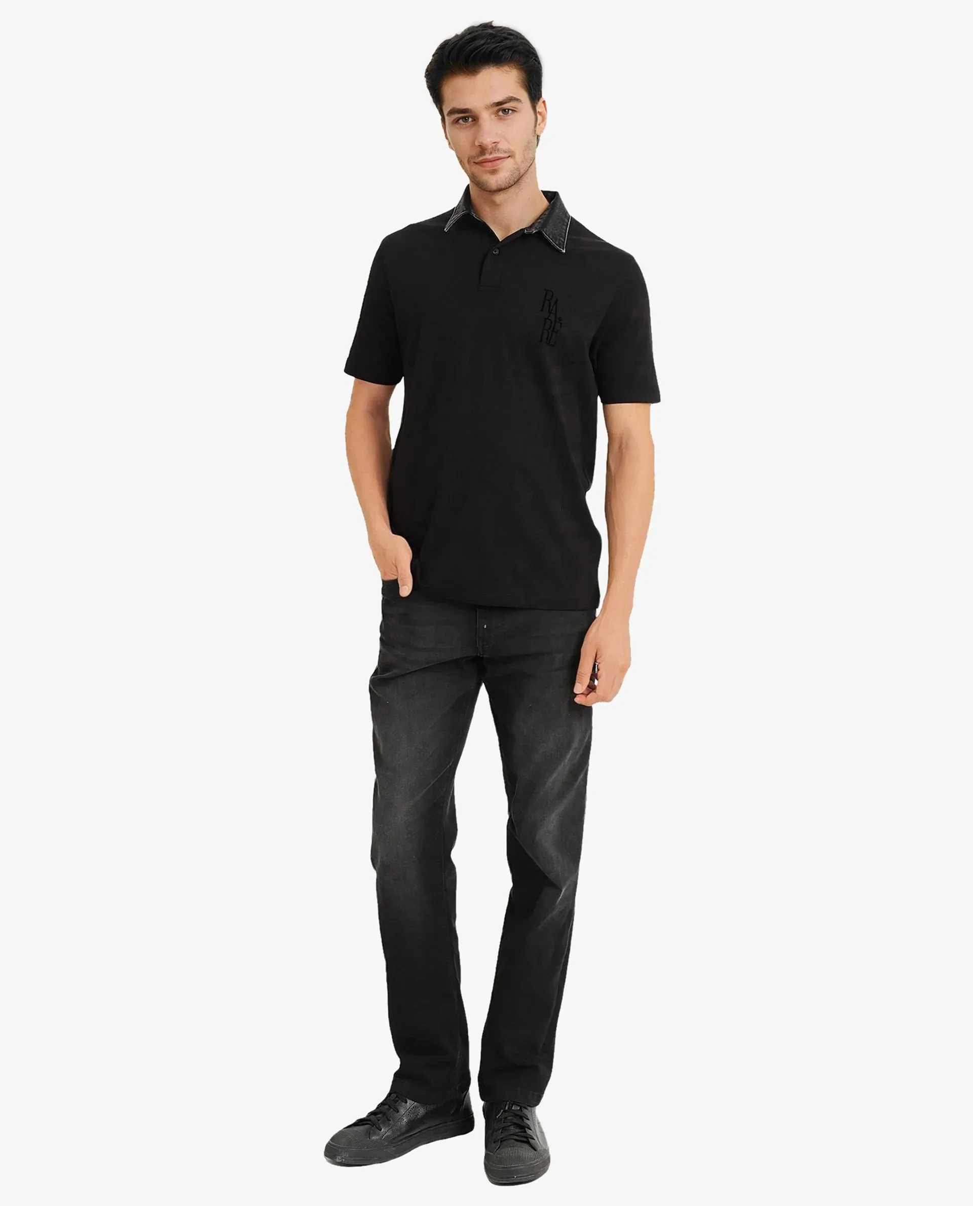 Rare Rabbit Men Tem Black Short Sleeve Denim Collar Button Closure Rare Branded Plain Polo