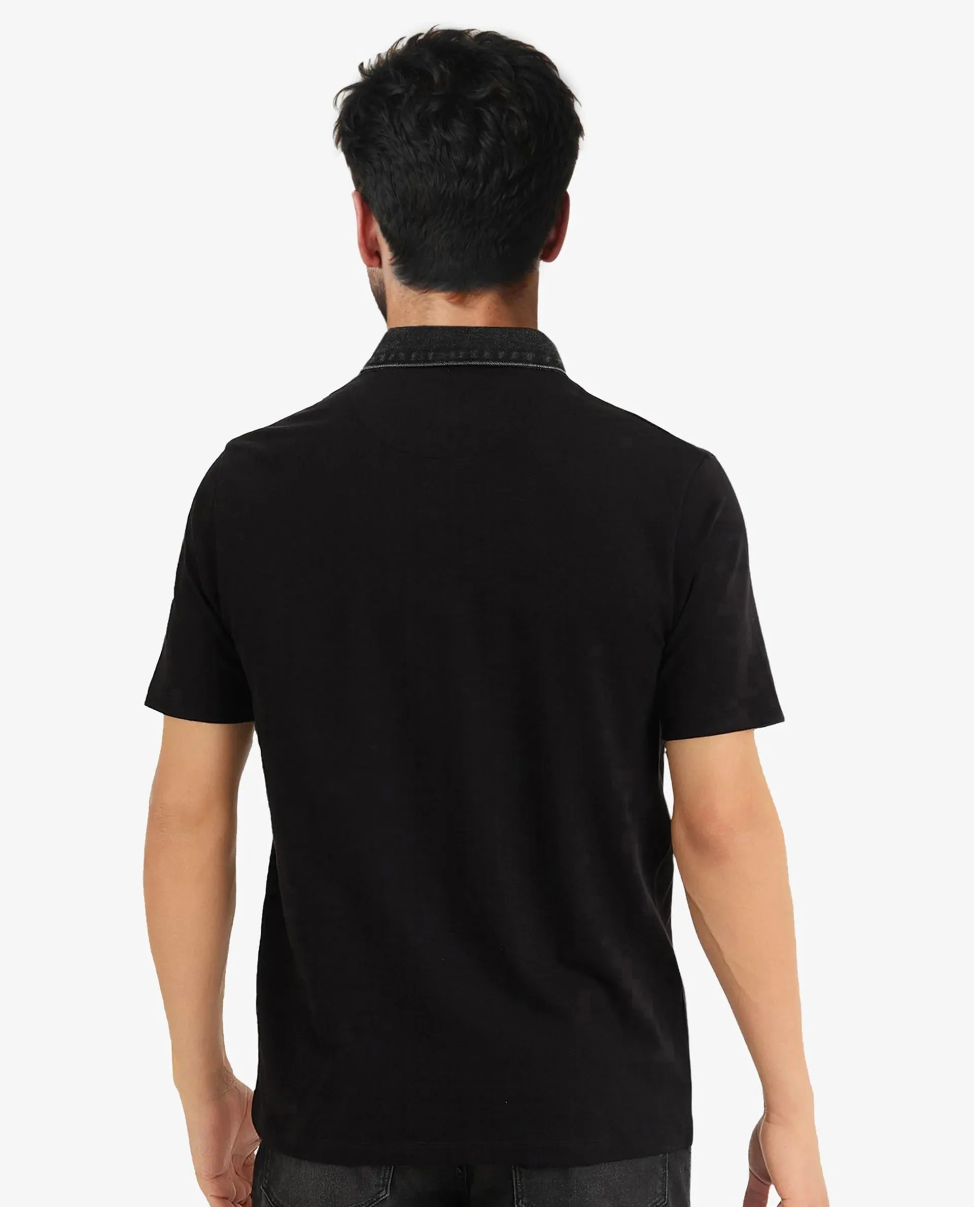 Rare Rabbit Men Tem Black Short Sleeve Denim Collar Button Closure Rare Branded Plain Polo
