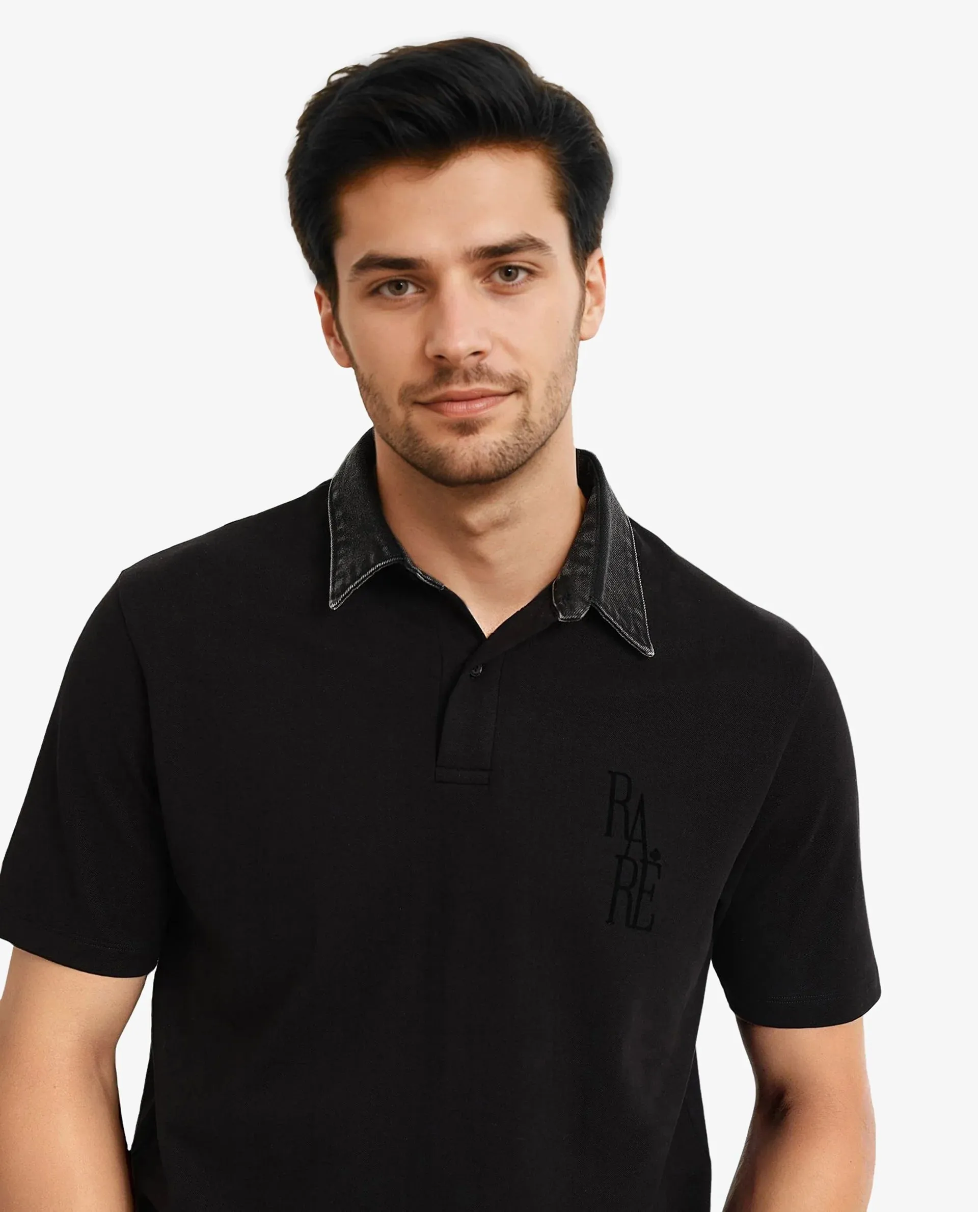 Rare Rabbit Men Tem Black Short Sleeve Denim Collar Button Closure Rare Branded Plain Polo