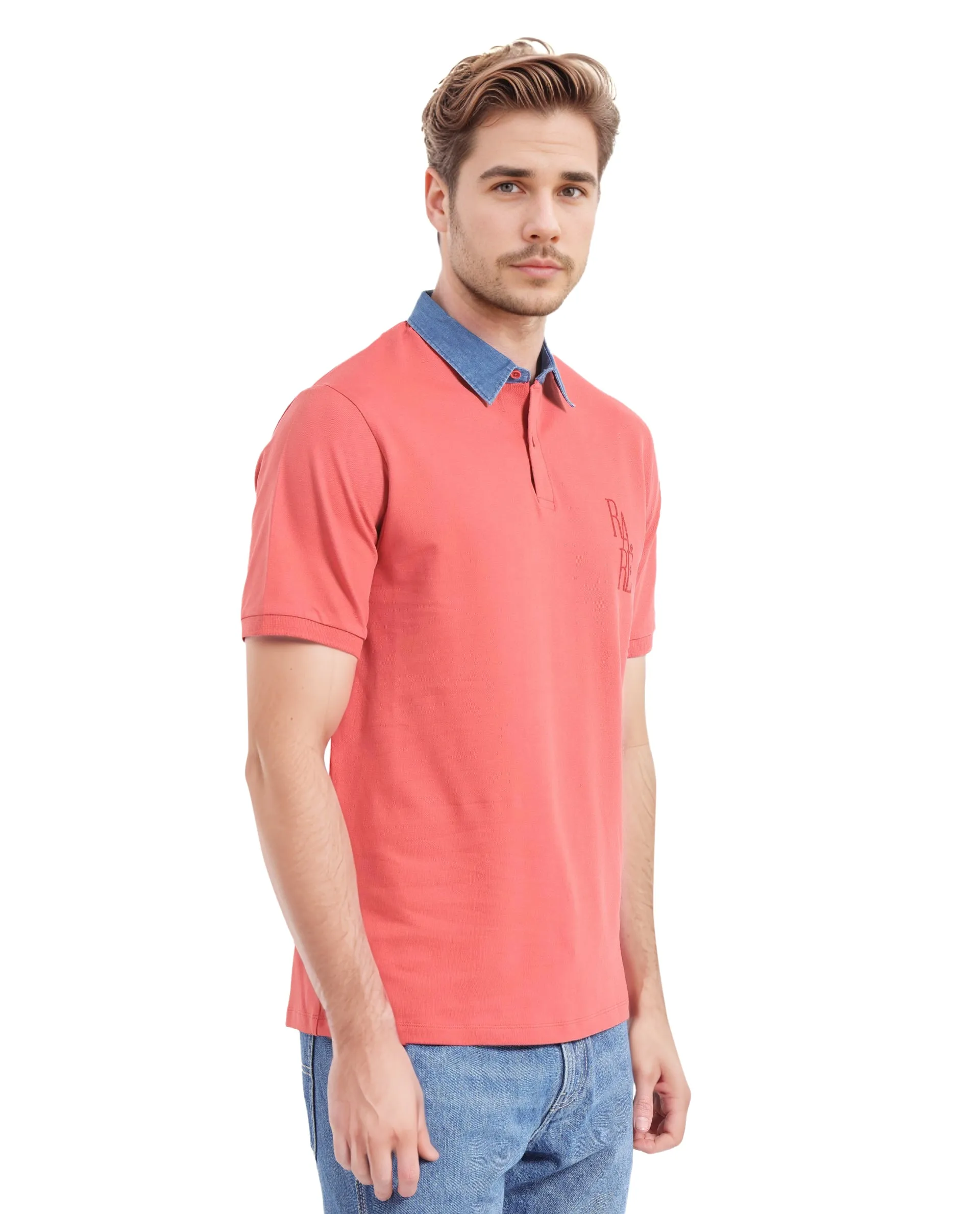 Rare Rabbit Men Tem Dark Orange Short Sleeve Collared Neck Button Closure Plain Polo