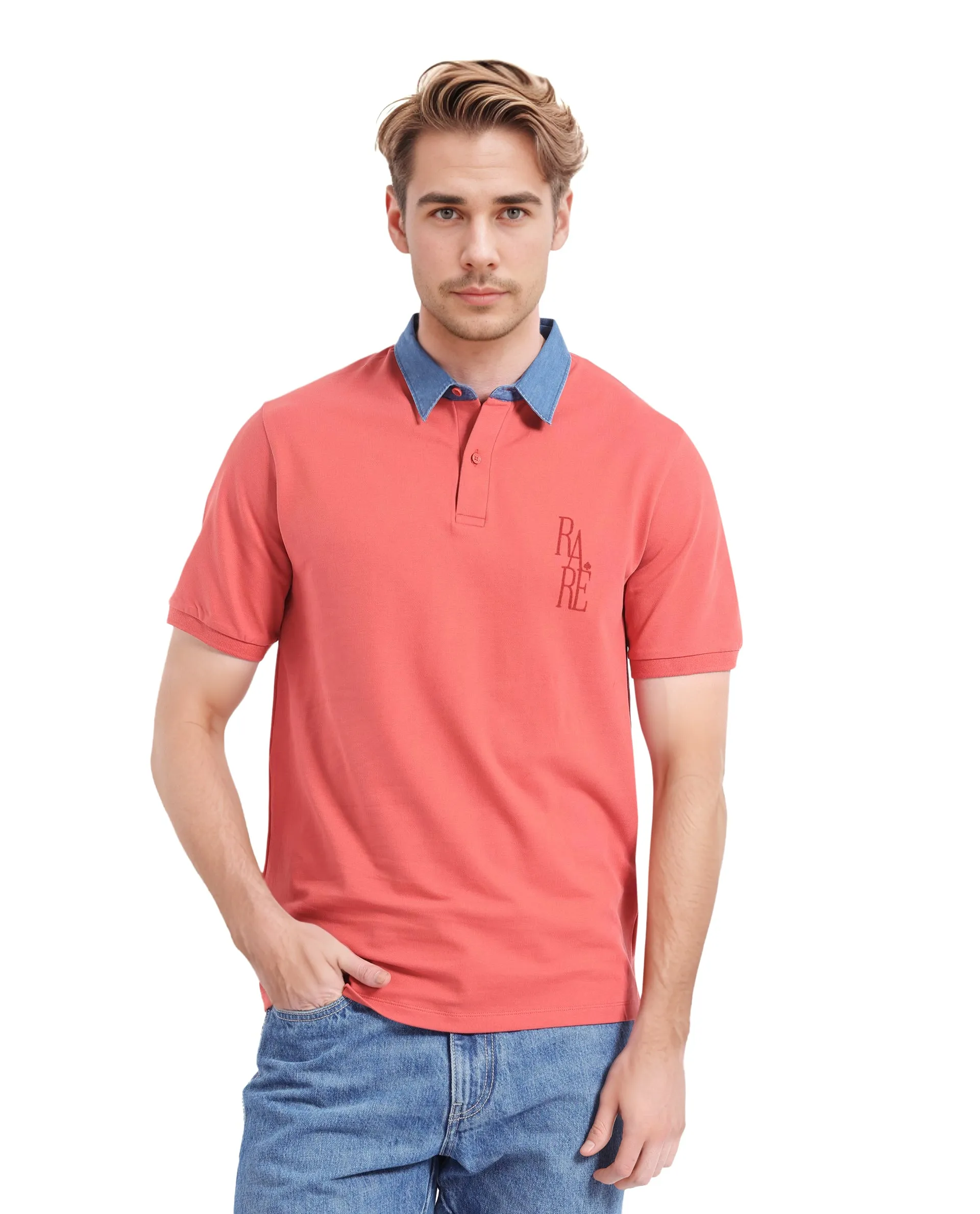 Rare Rabbit Men Tem Dark Orange Short Sleeve Collared Neck Button Closure Plain Polo