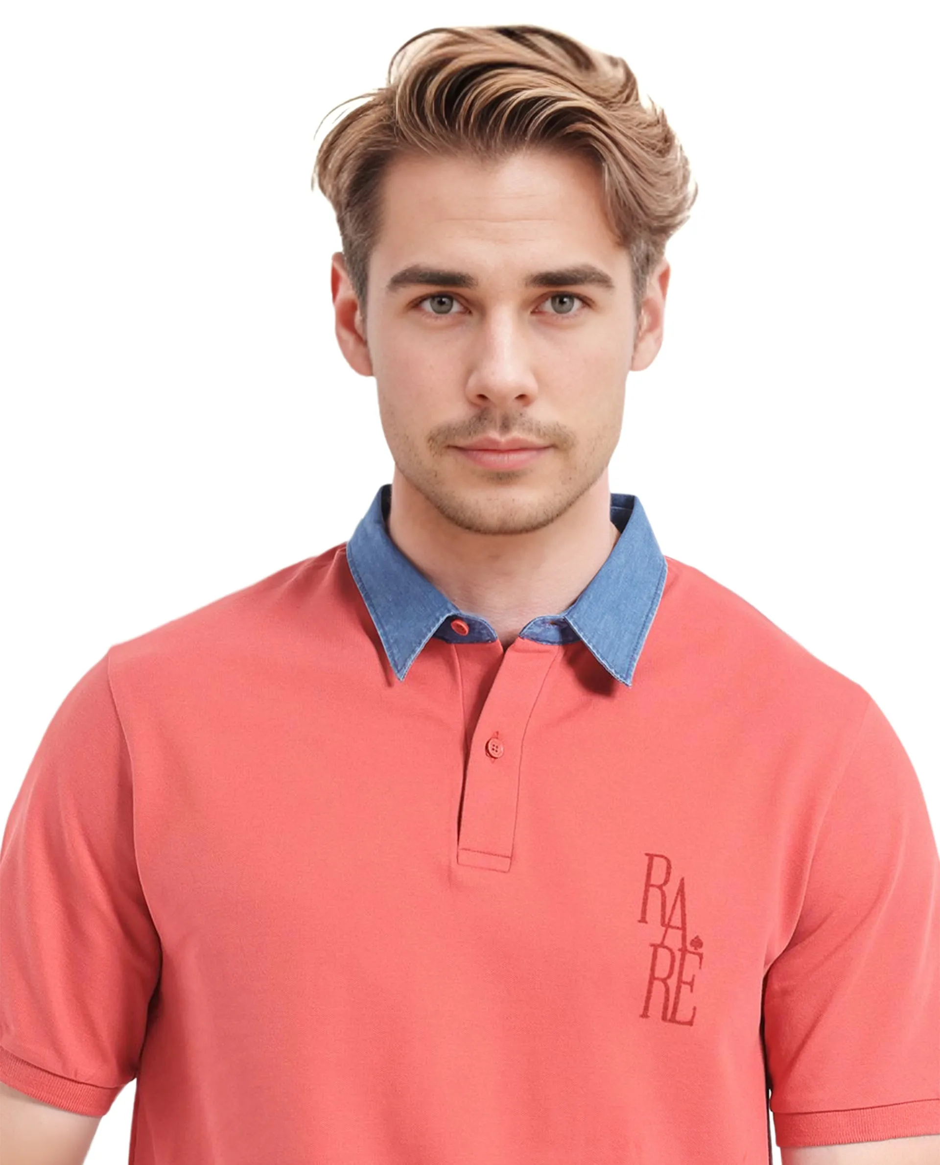 Rare Rabbit Men Tem Dark Orange Short Sleeve Collared Neck Button Closure Plain Polo