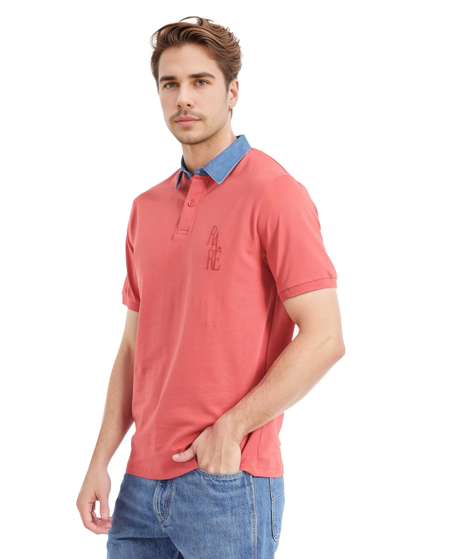 Rare Rabbit Men Tem Dark Orange Short Sleeve Collared Neck Button Closure Plain Polo